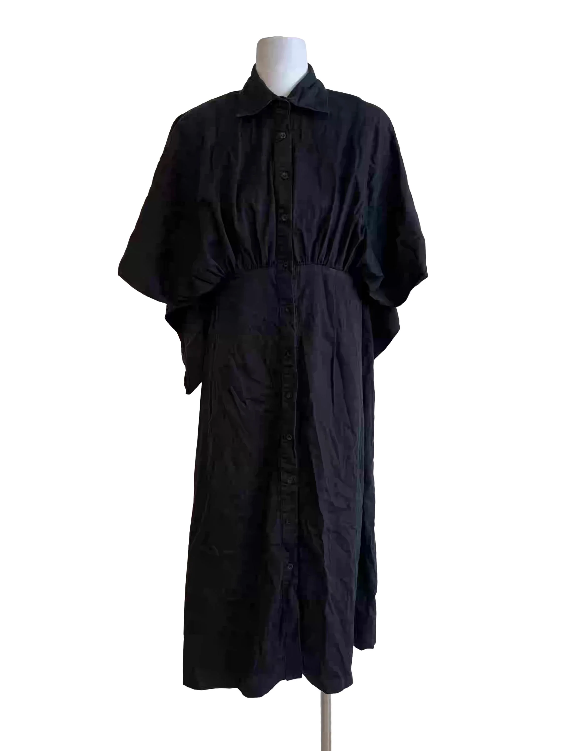 Jet Black Buttoned Cape Dress