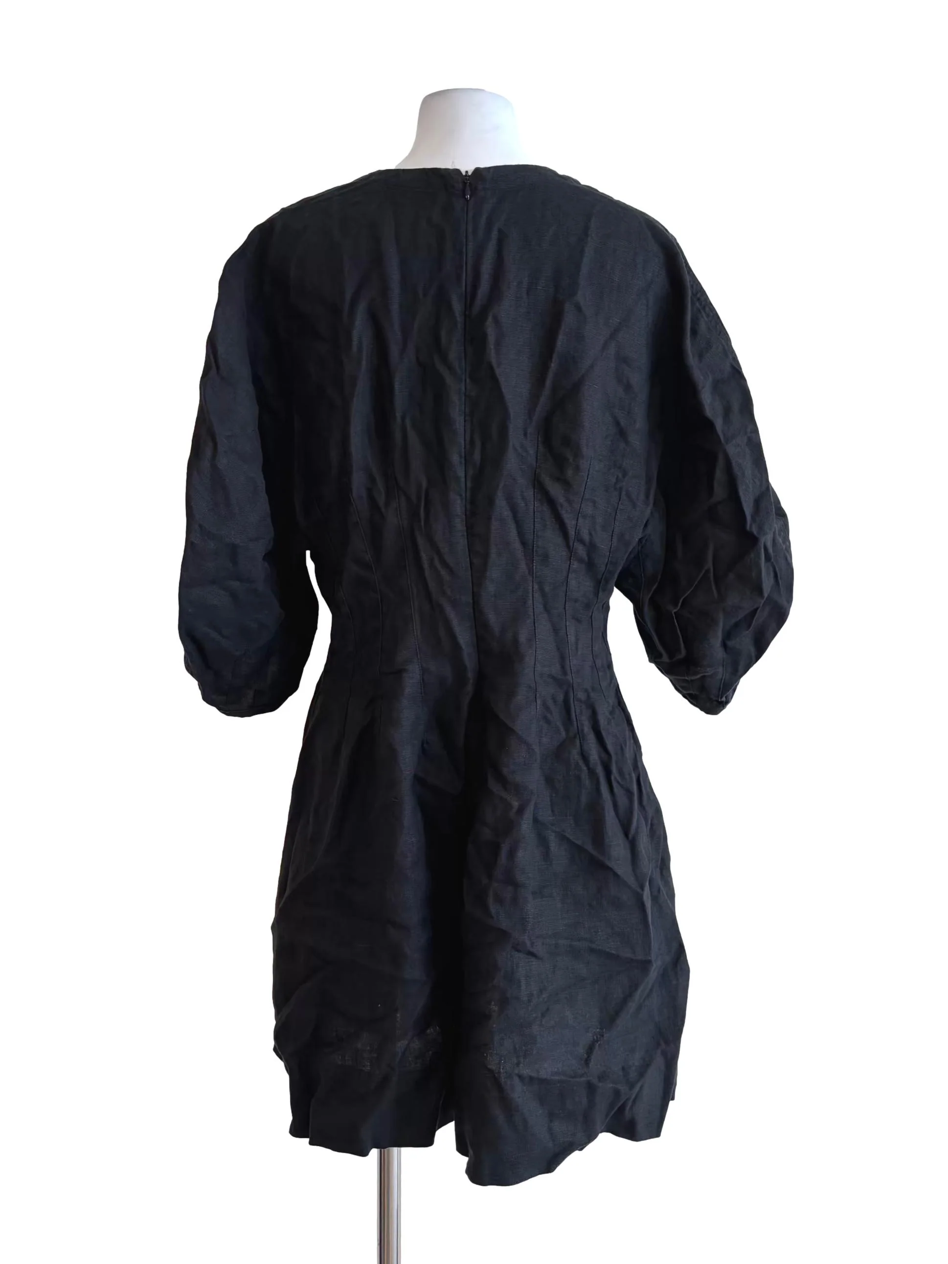 Jet Black Fitted Waist Linen Dress - Image 2