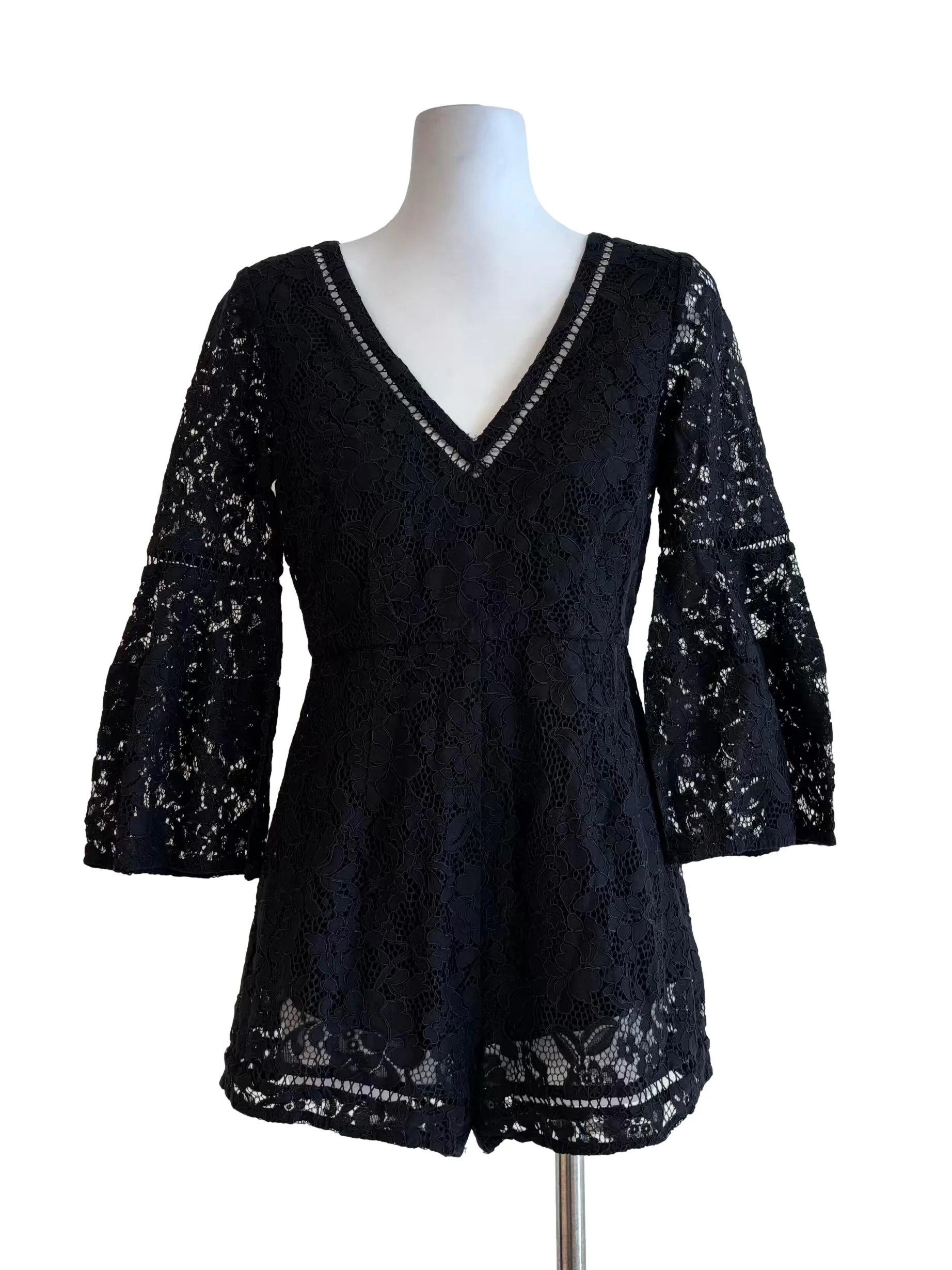 Jet Black Floral Lace Long Sleeve Romper
