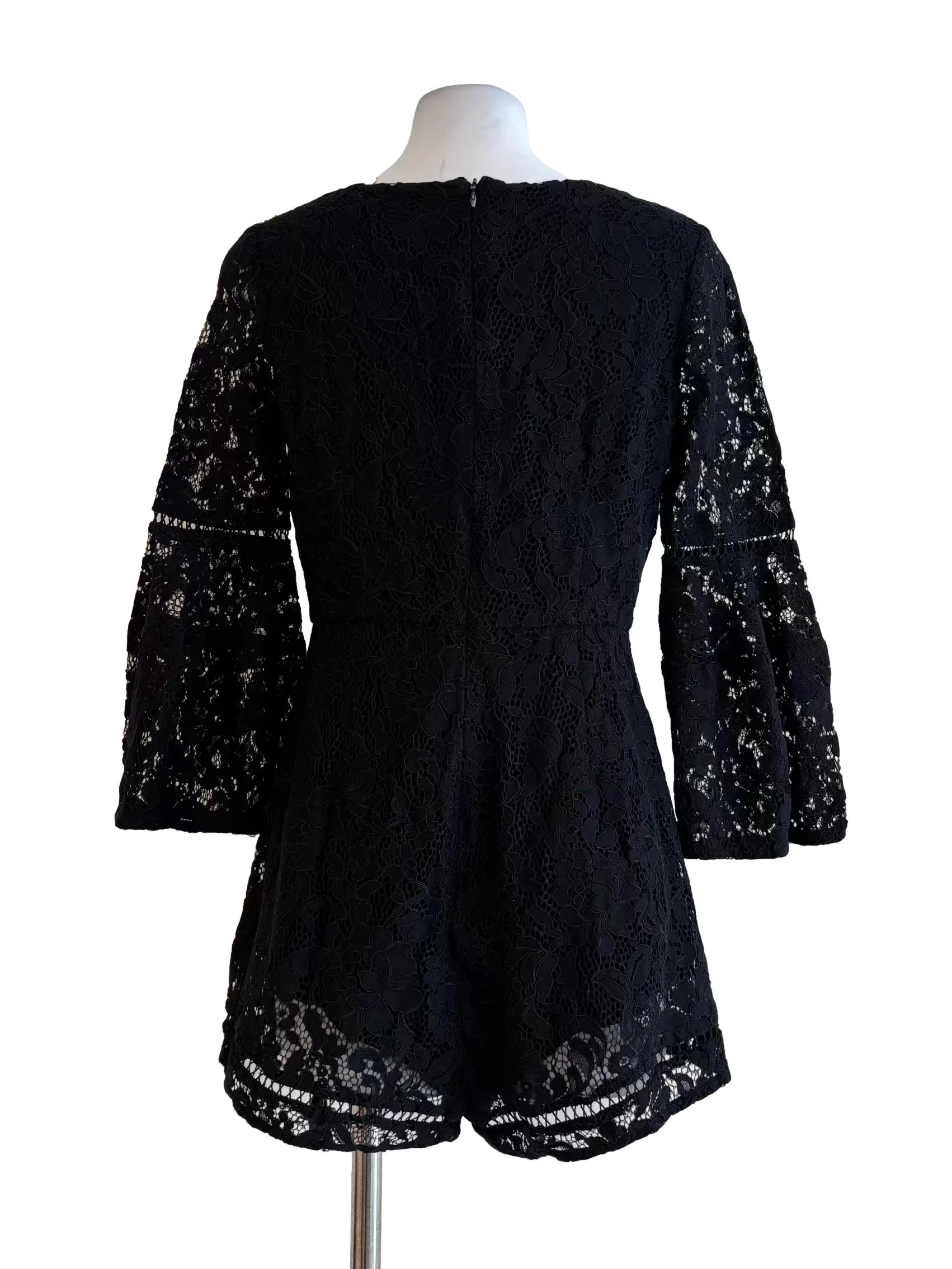 Jet Black Floral Lace Long Sleeve Romper - Image 2