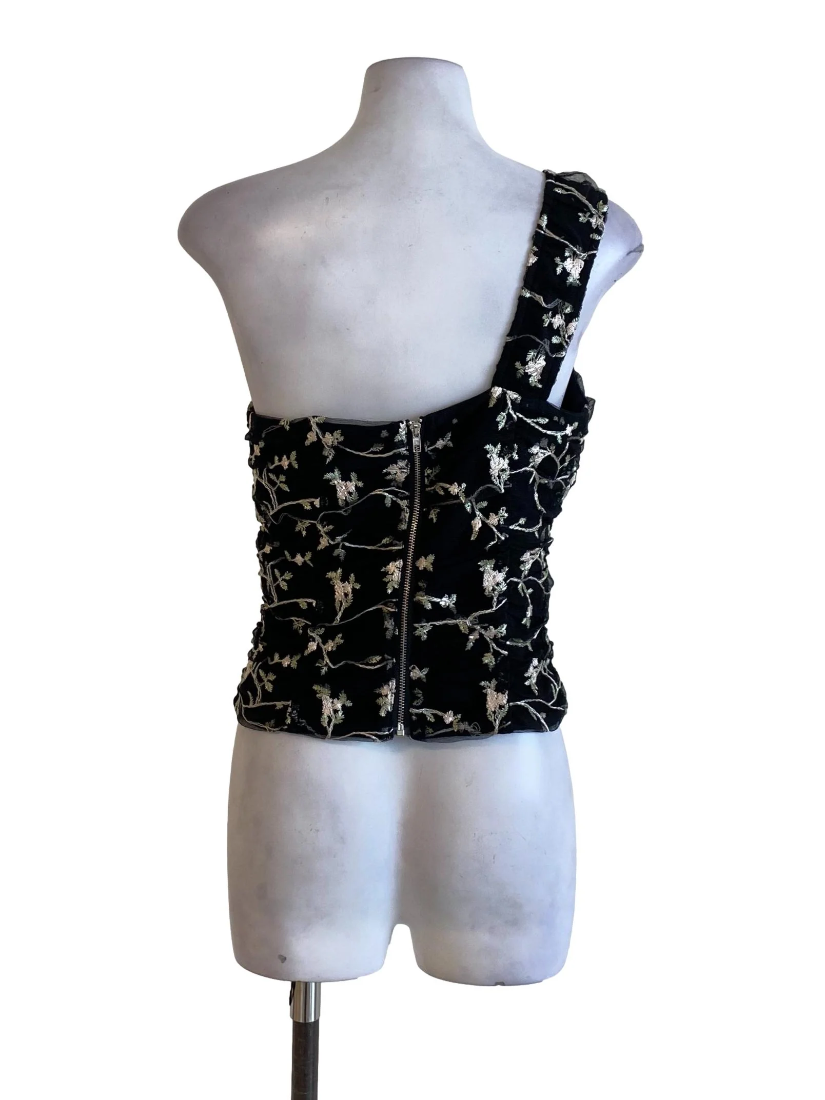 Jet Black Floral Mesh One Shoulder Fit Top - Image 2