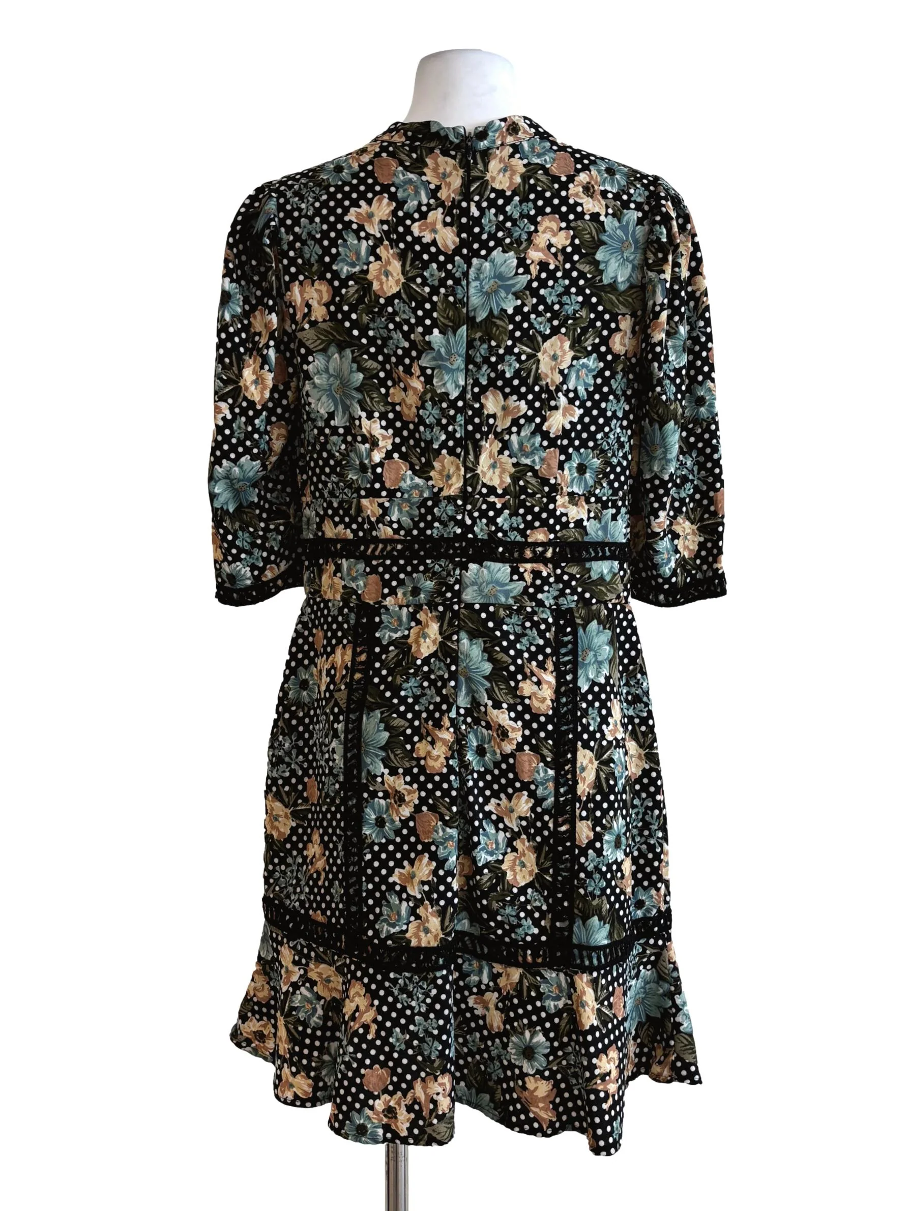 Jet Black Floral Polka Dot Dress - Image 2