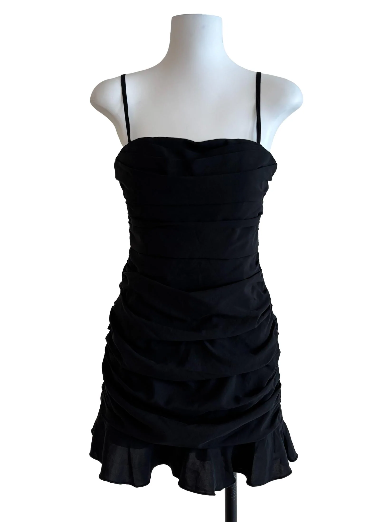 Jet Black Pleated Drape Mini Dress