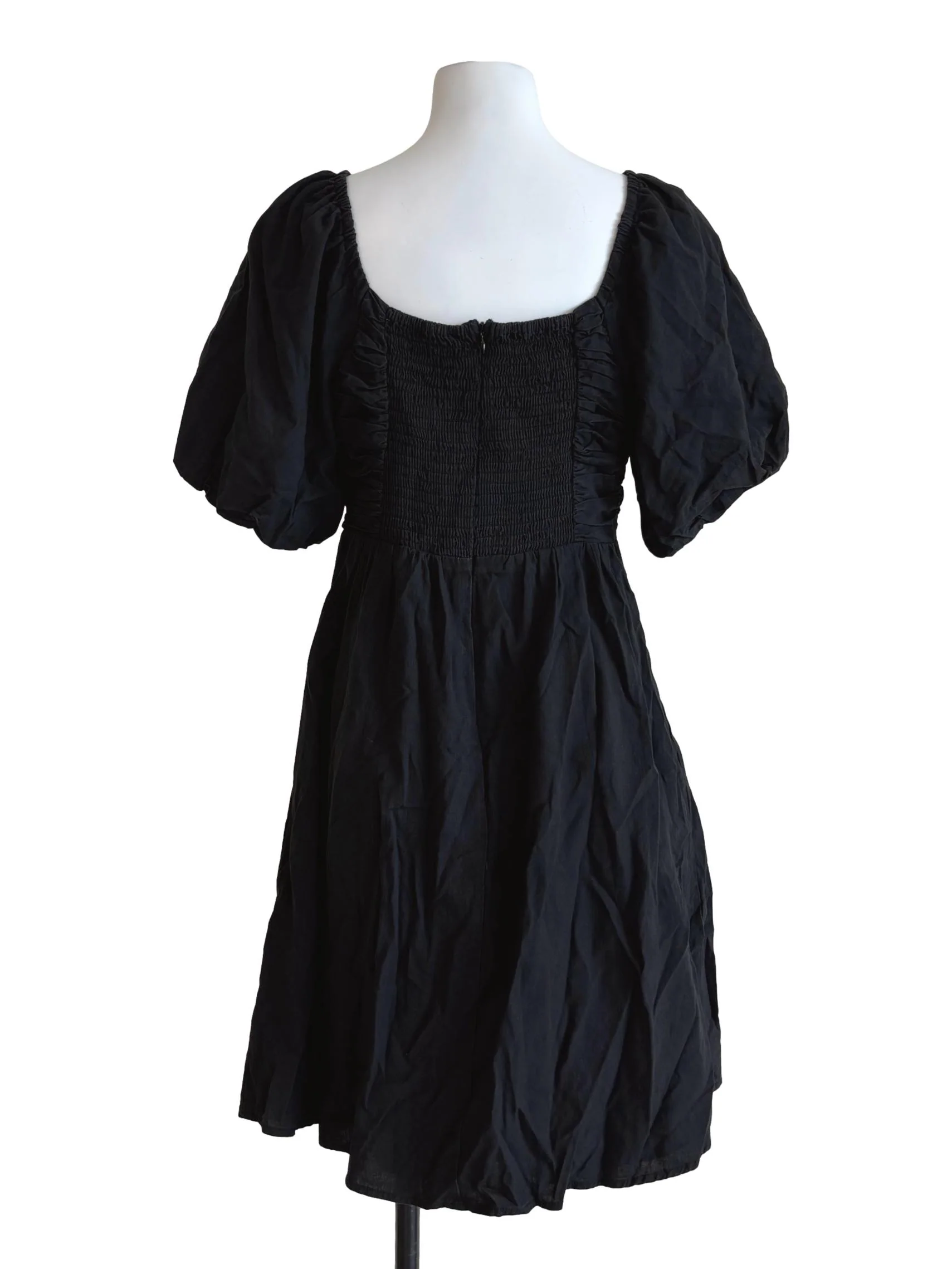 Jet Black Puff Sleeve Cotton Dress - Image 2