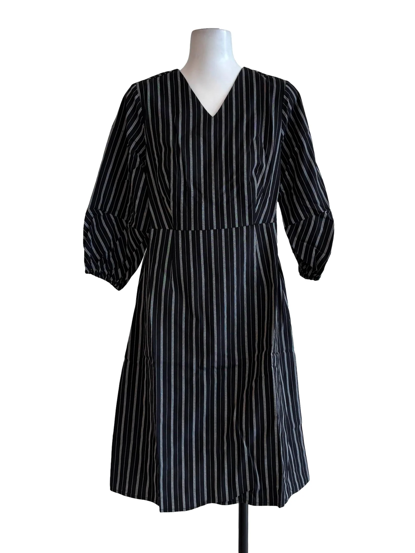Jet Black Striped A-Line Cotton Dress