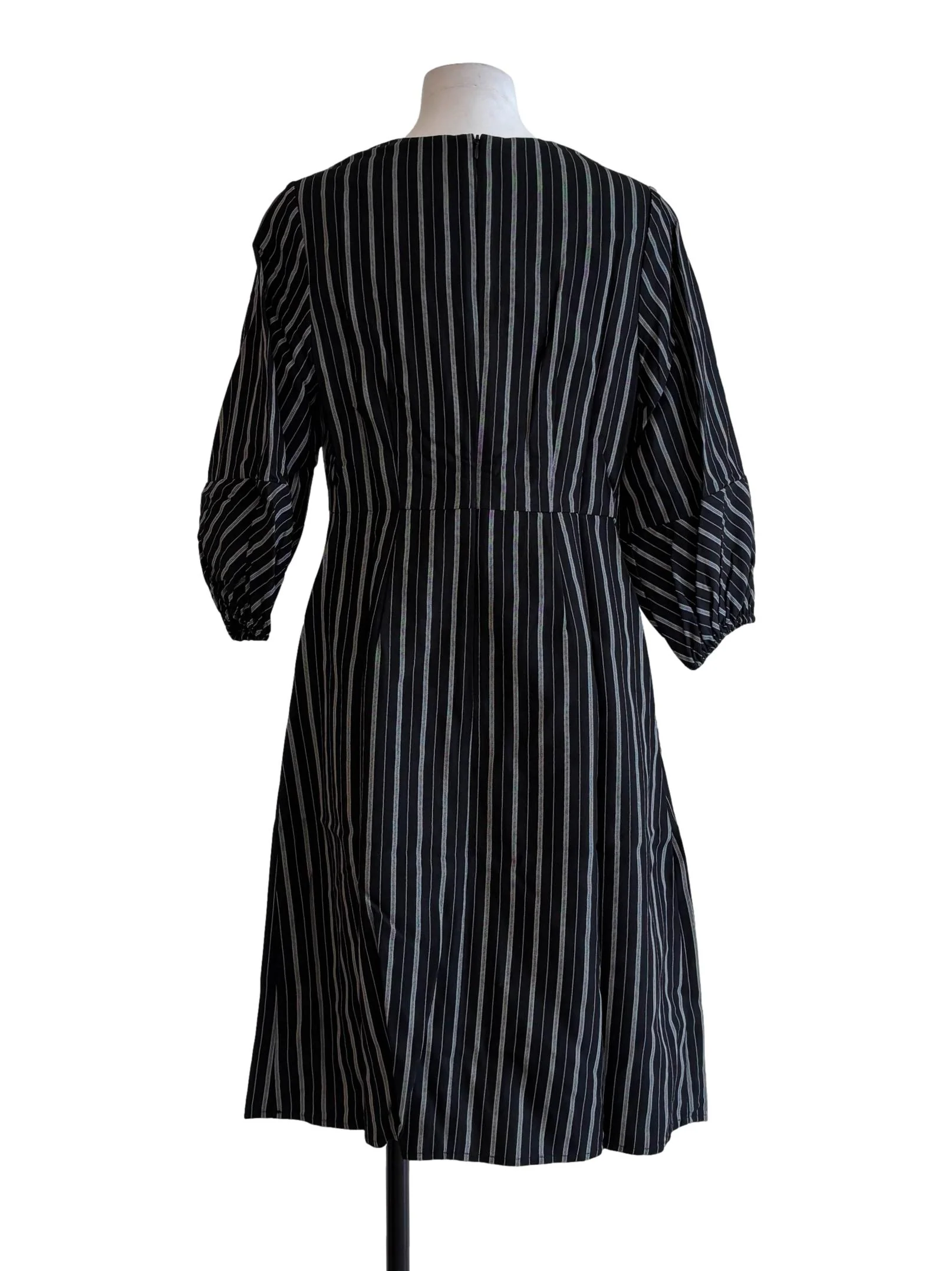 Jet Black Striped A-Line Cotton Dress - Image 2