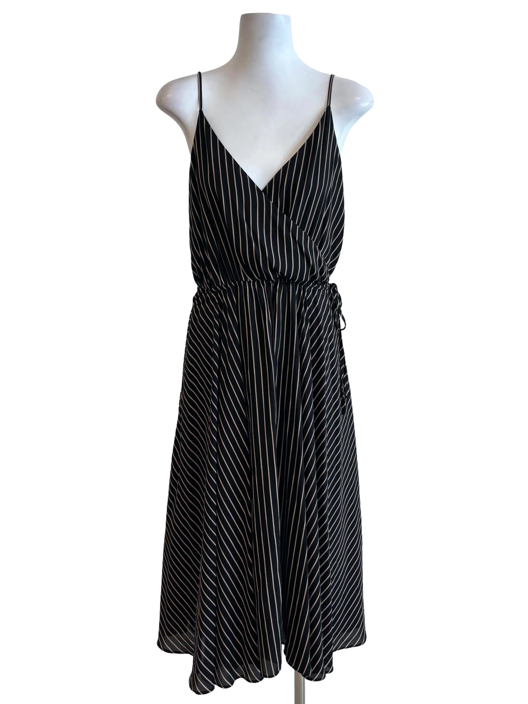 Jet Black Striped Surplice Flare Dress