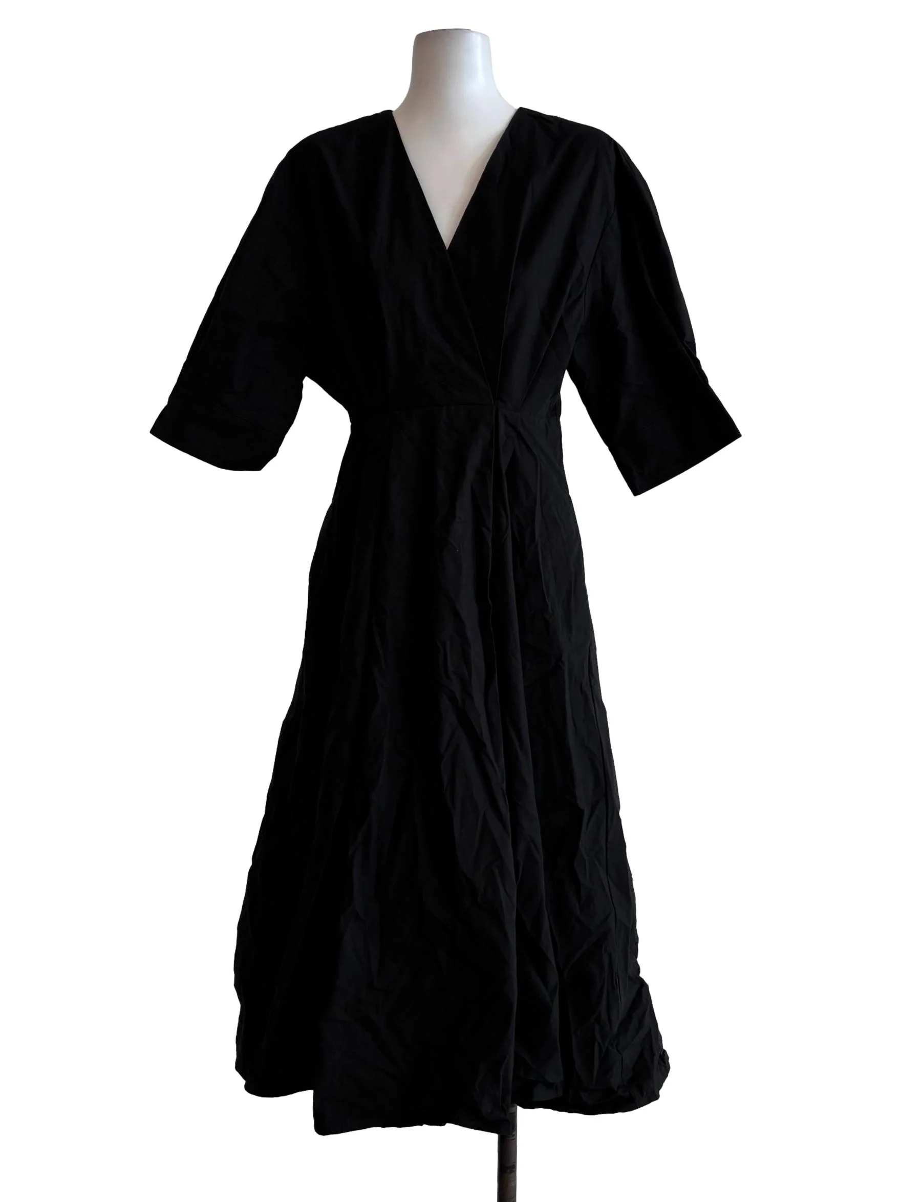 Jet Black Surplice Cotton A-Line Dress