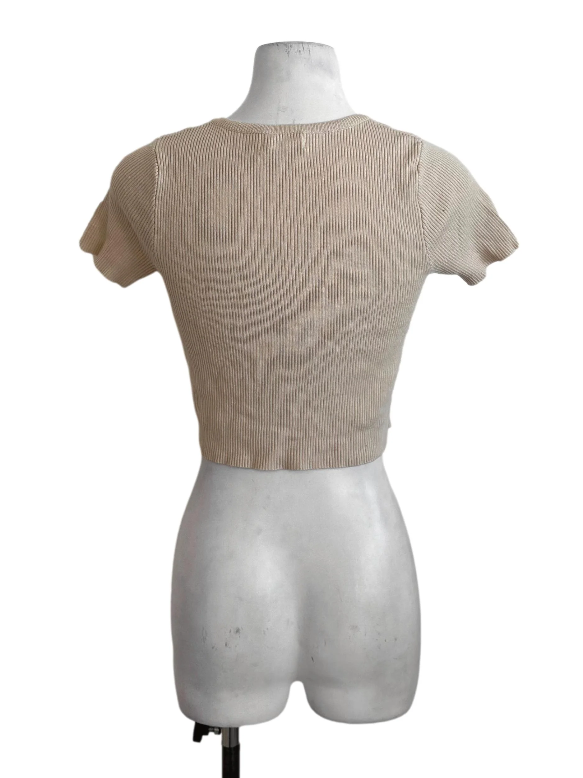 Khaki Beige V Neck Knit Button Top - Image 2