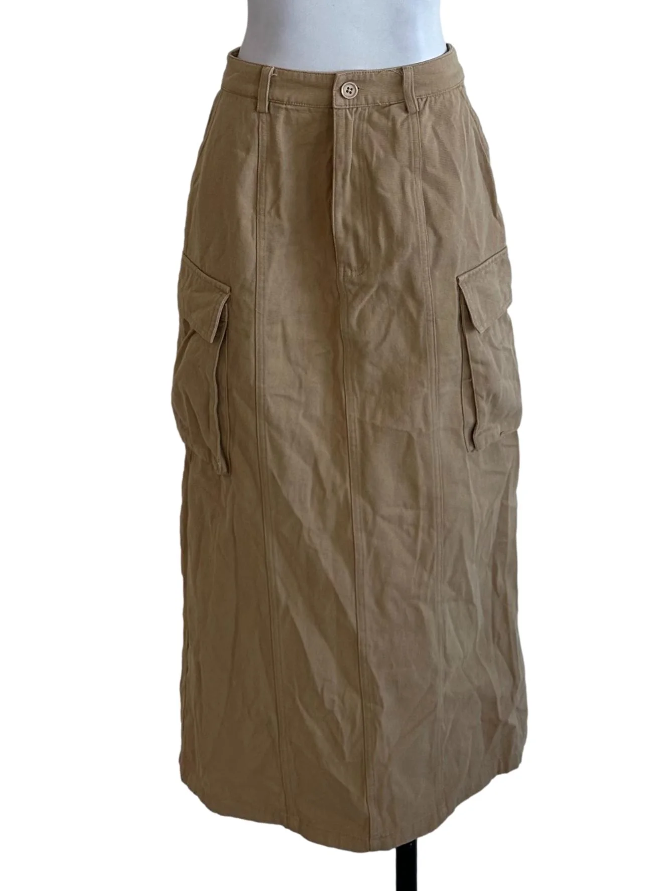 Khaki Brown Denim Cargo Slit Skirt