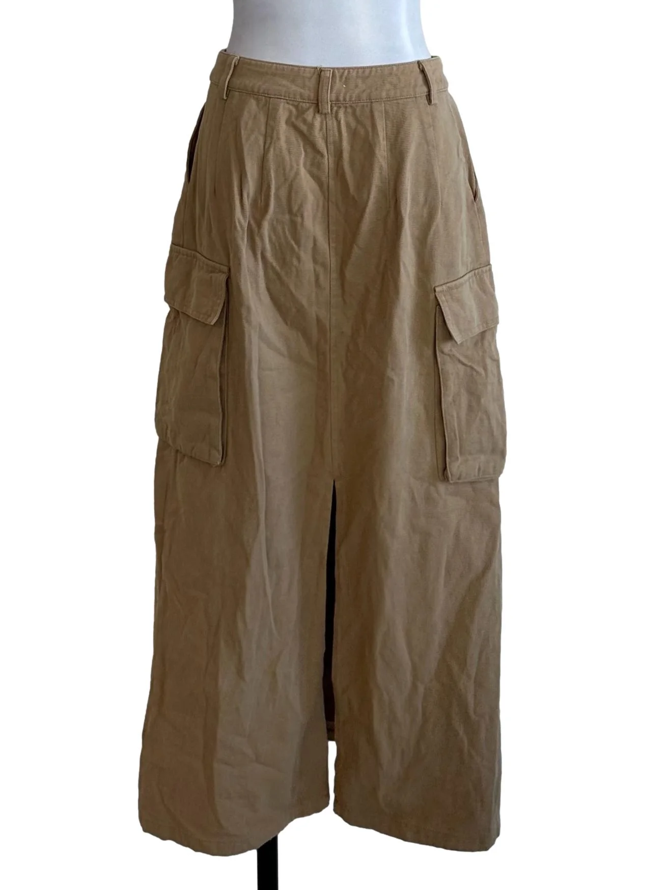 Khaki Brown Denim Cargo Slit Skirt - Image 2