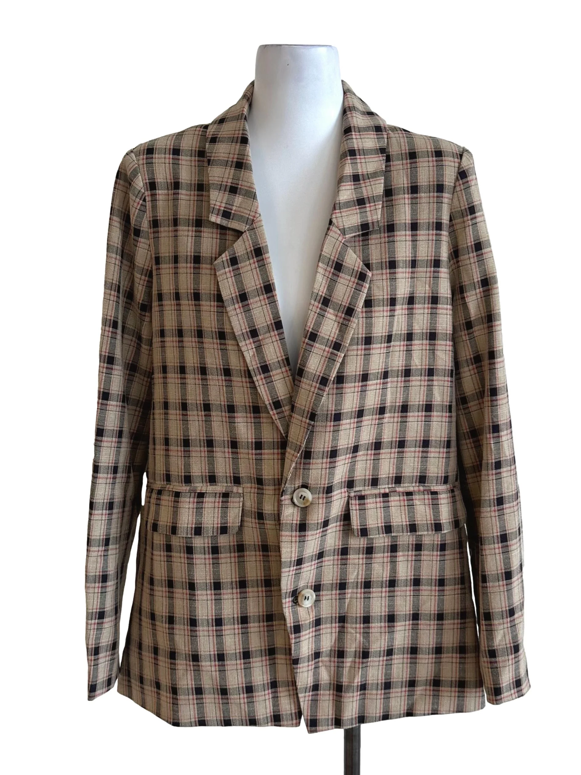 Khaki Brown Plaid Button Blazer