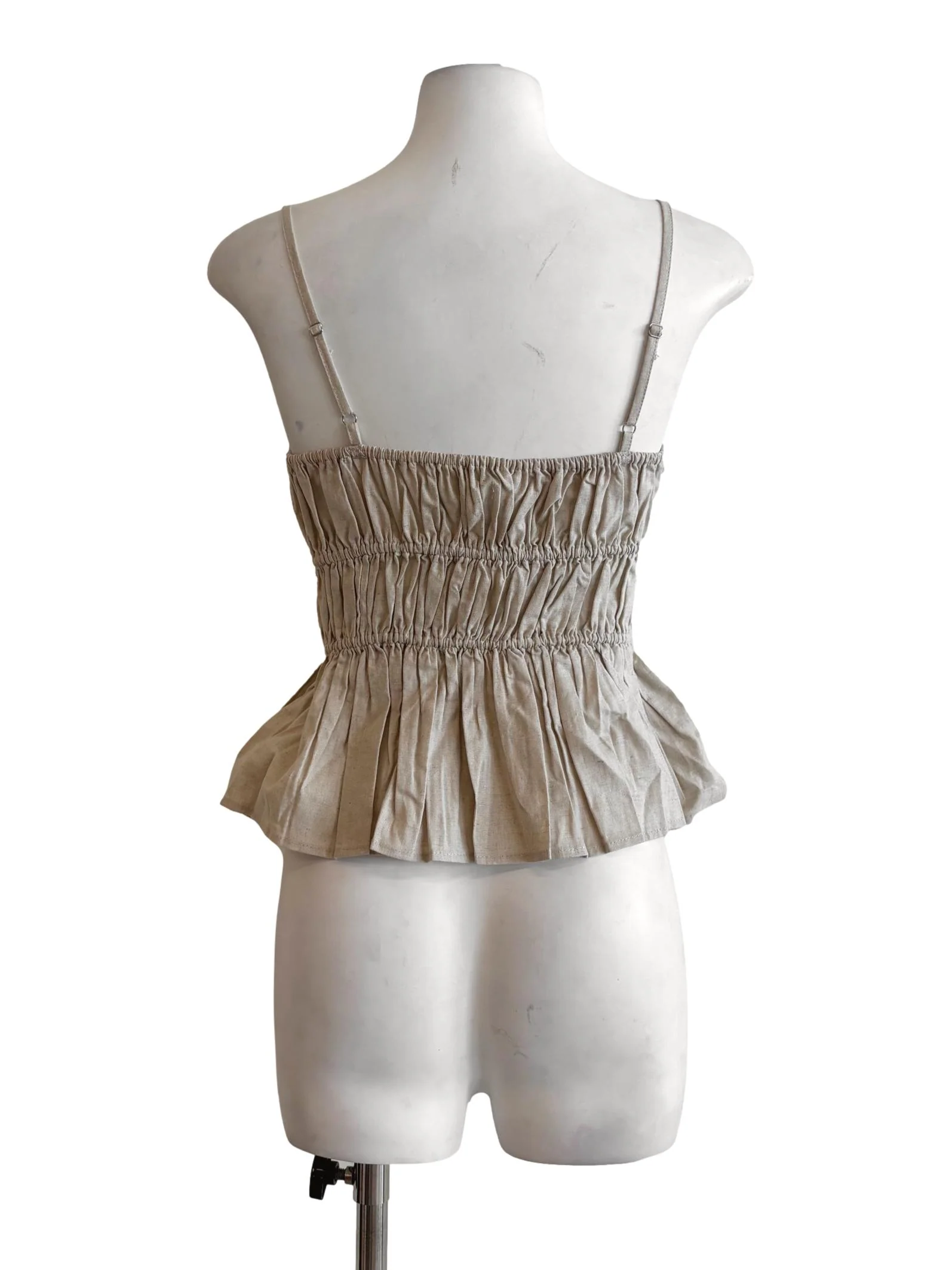 Khaki Ruched Spaghetti Strap Ribbon Top - Image 2