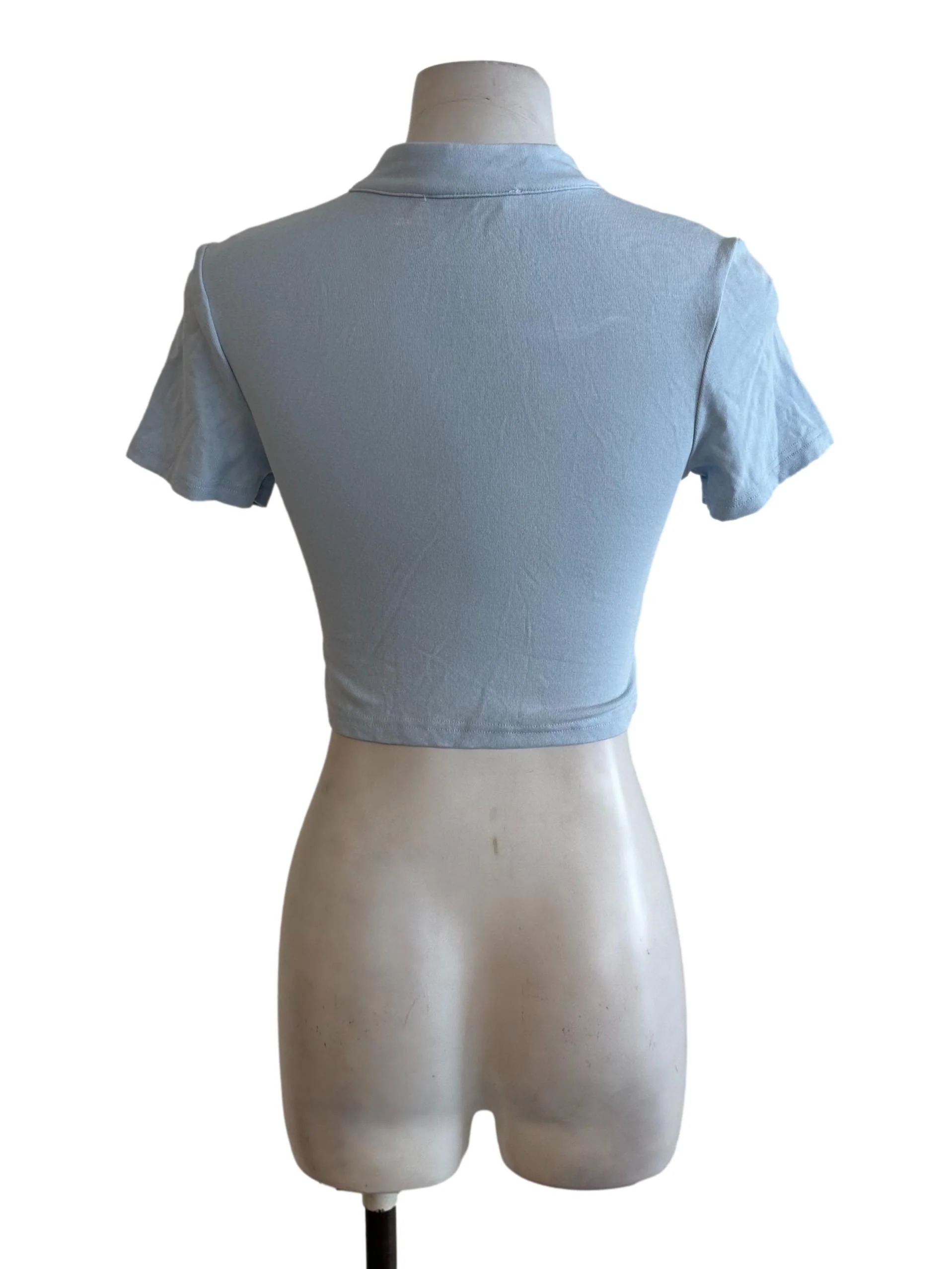 Light Blue Mandarin Short Sleeve Crop Top - Image 2