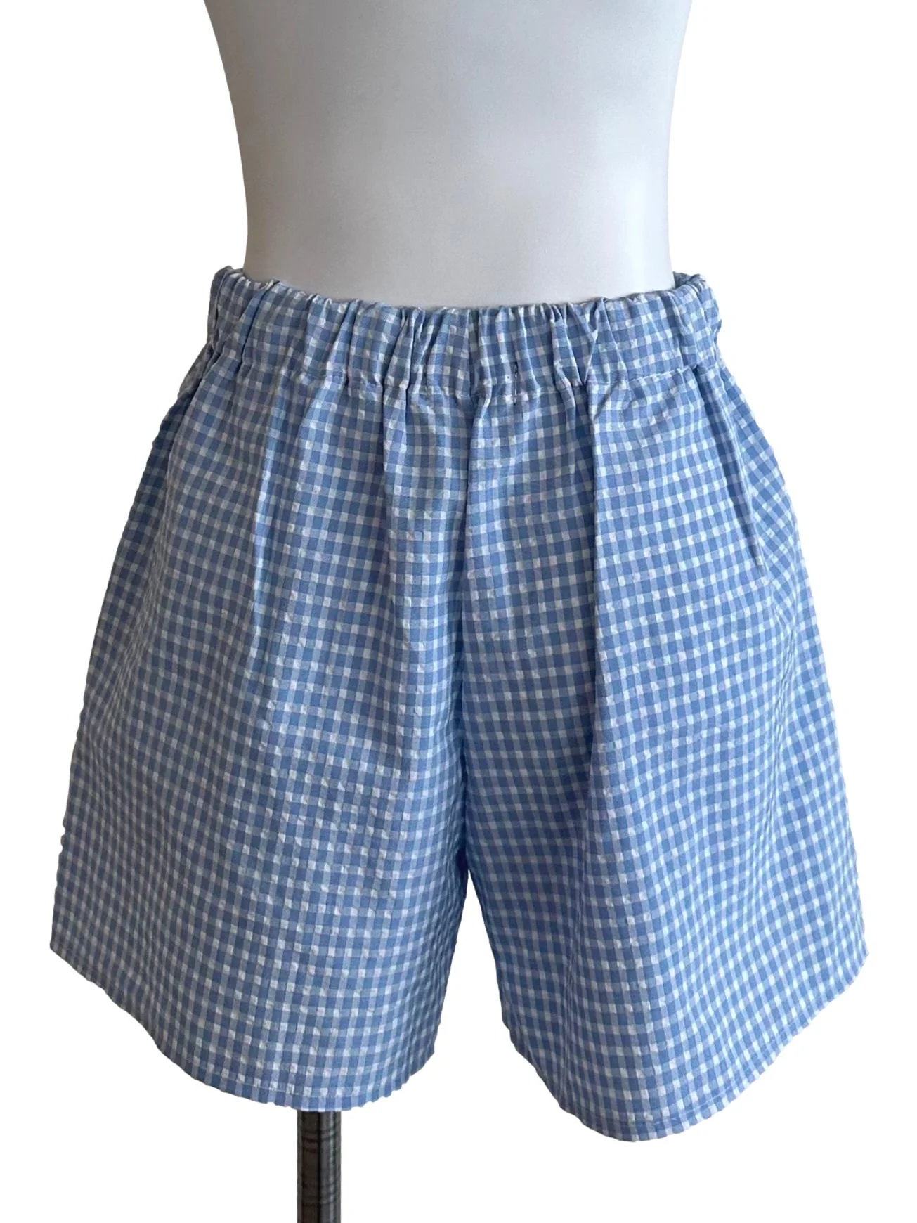 Light Blue Plaid Textured Strap Shorts - Image 2