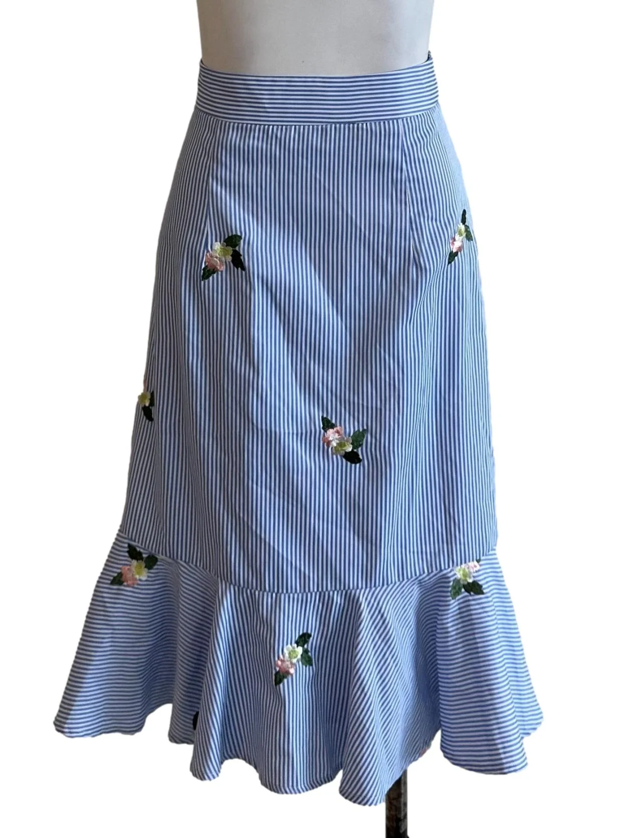 Light Blue Stripe Floral Embroidery Ruffle Skirt
