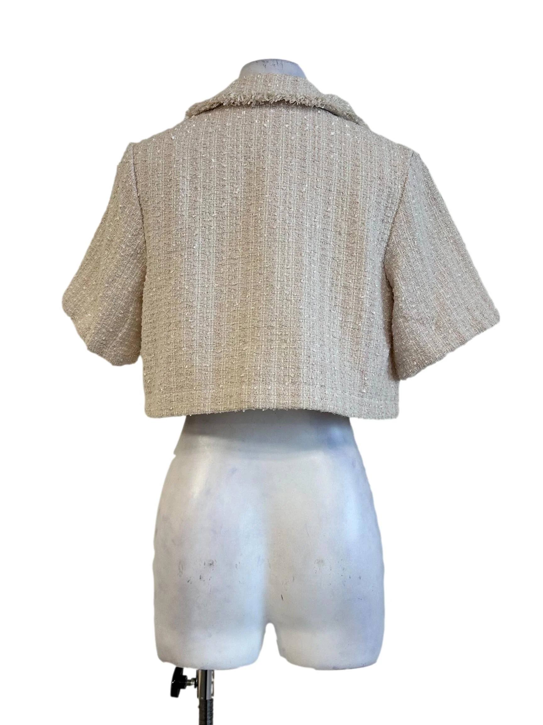 Light Blush Pink Tweed Pattern Collar Crop Jacket - Image 2