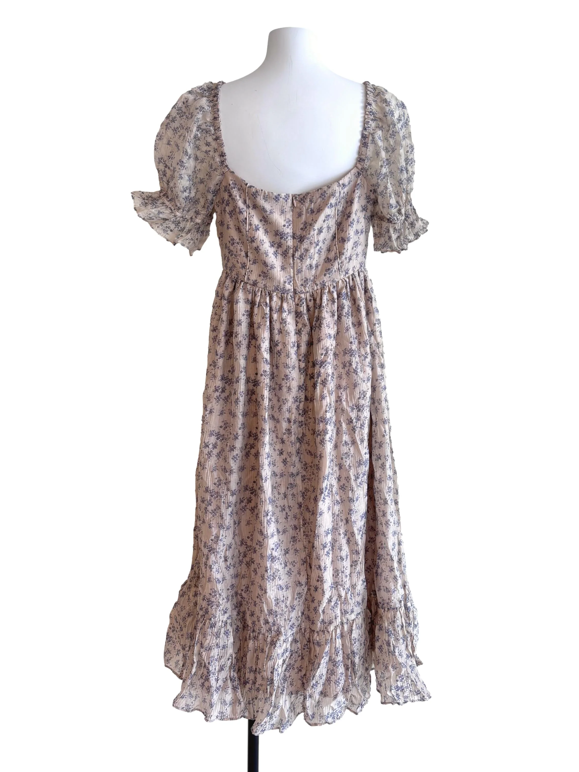 Light Brown Floral Puff Sleeve Dress - Image 2