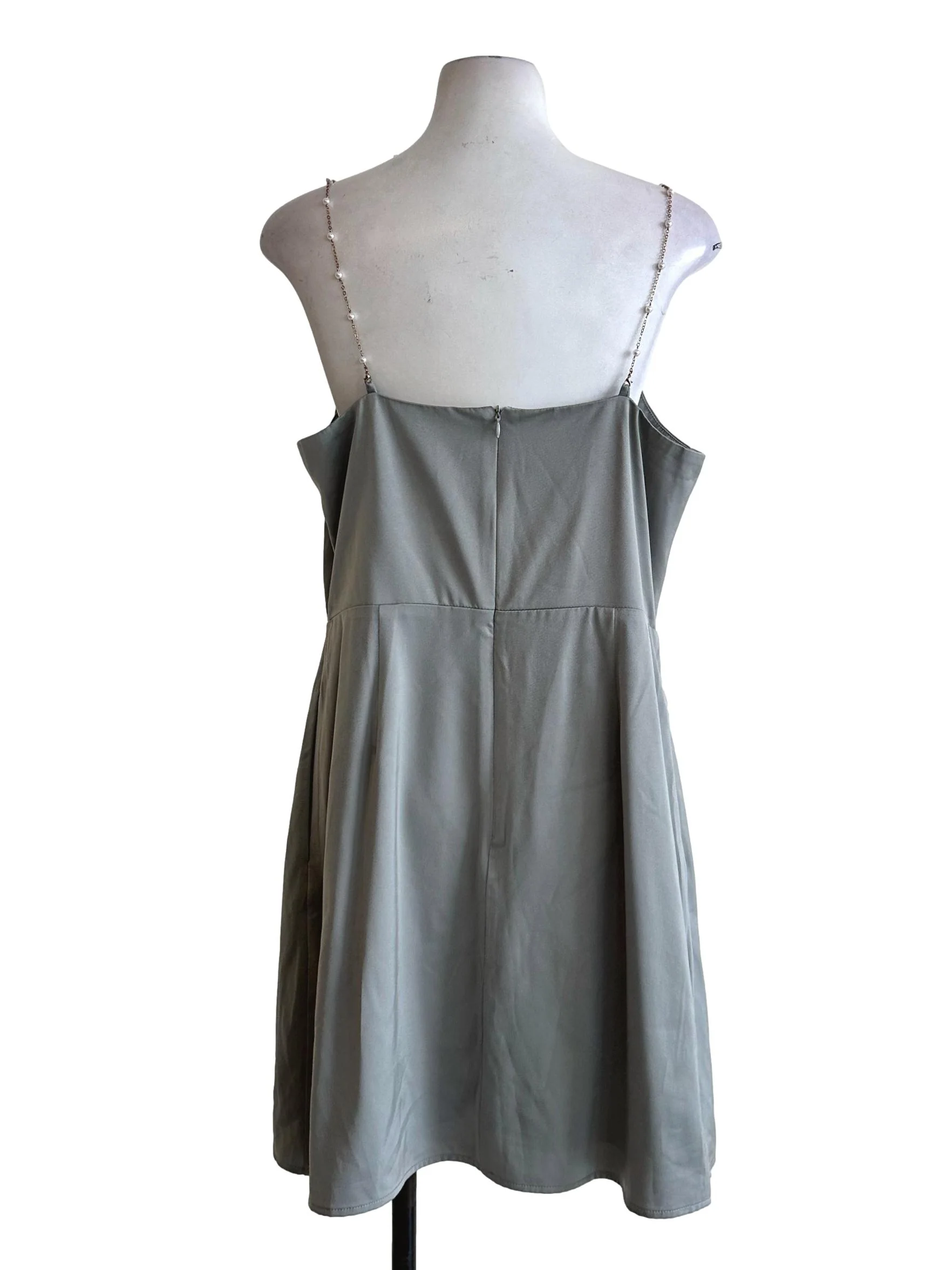 Light Green Beads Straps Satin Dress - Image 2