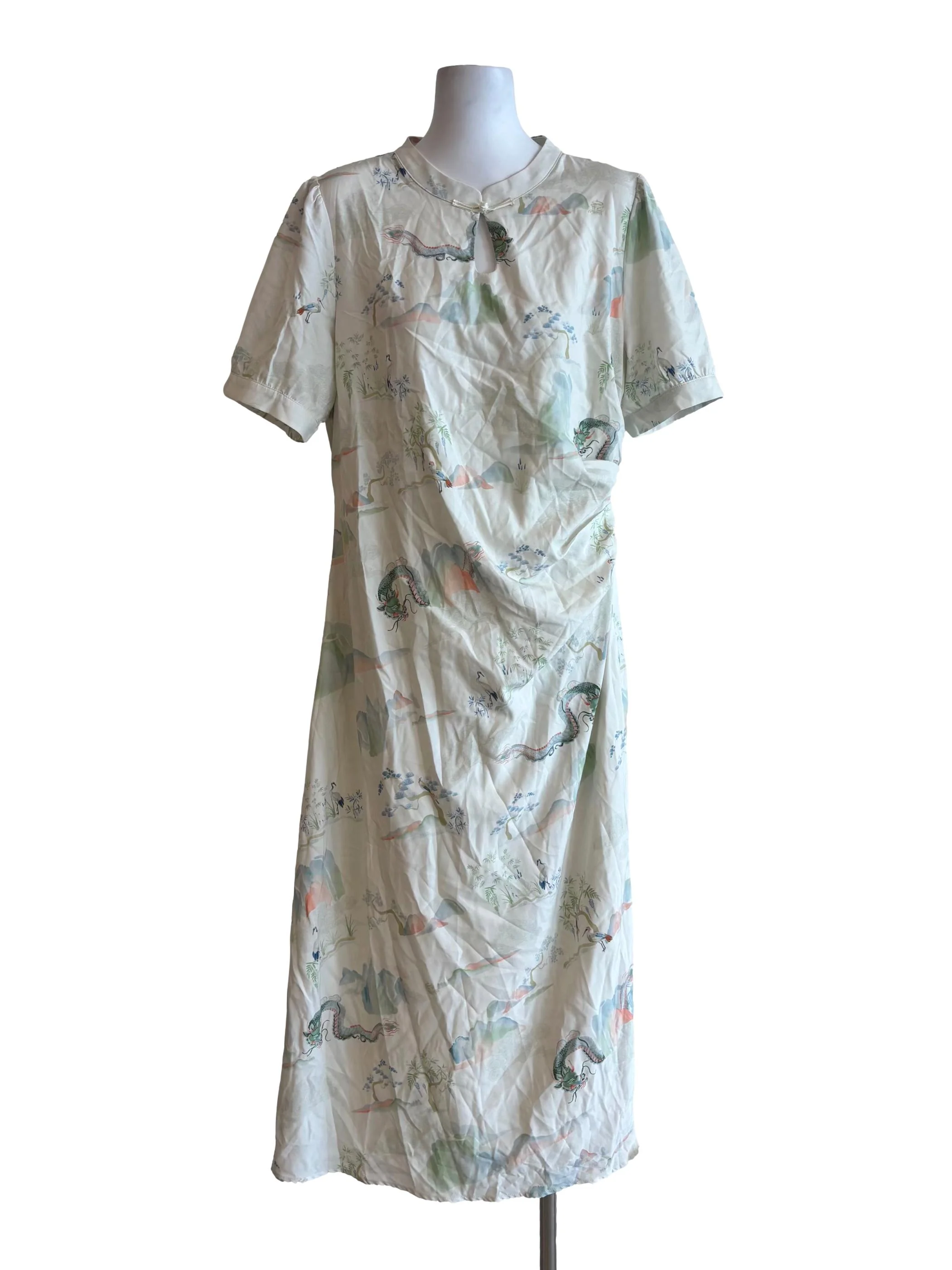 Light Mint Green Short Sleeve Dragon Print Dress