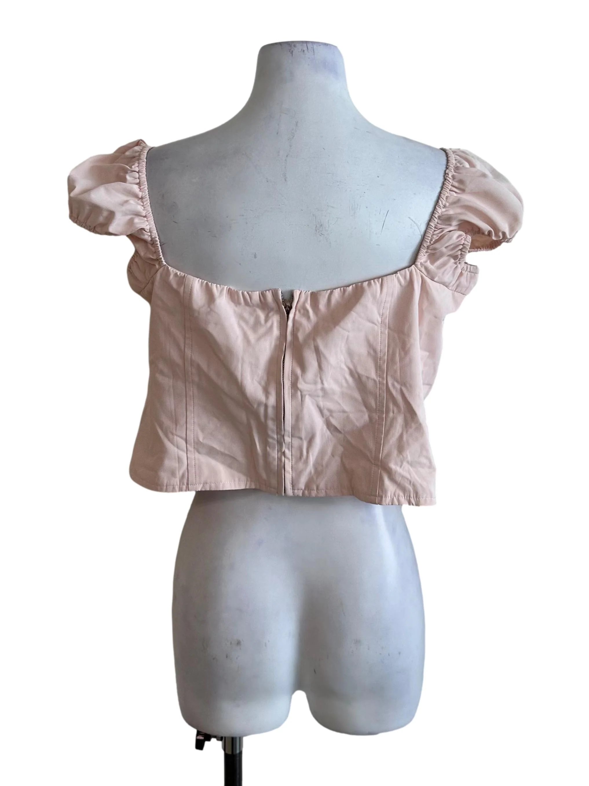 Light Pink Ruched Ribbon Puff Sleeve Top - Image 2