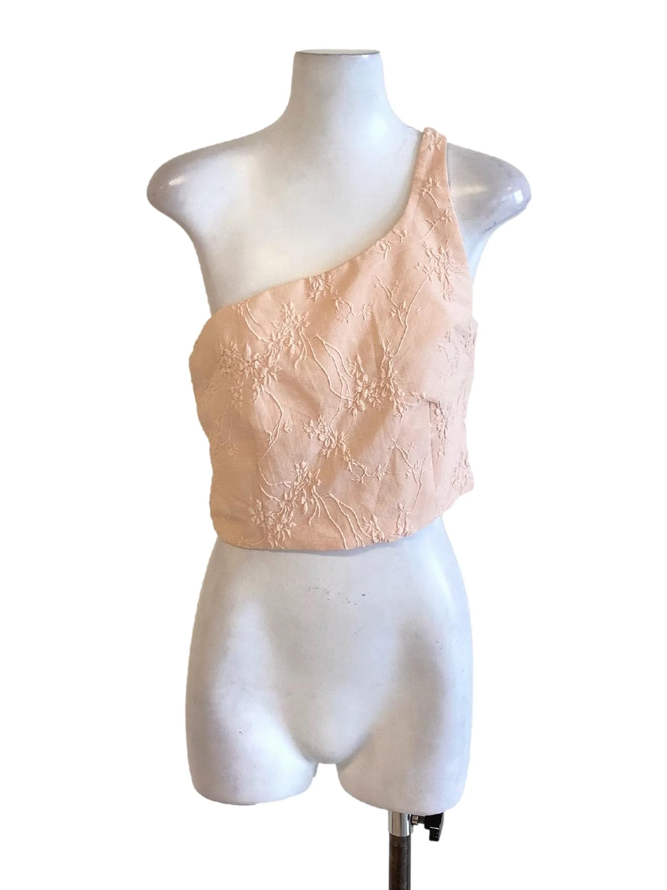 Light Salmon Pink Floral One Shoulder Cropped Top