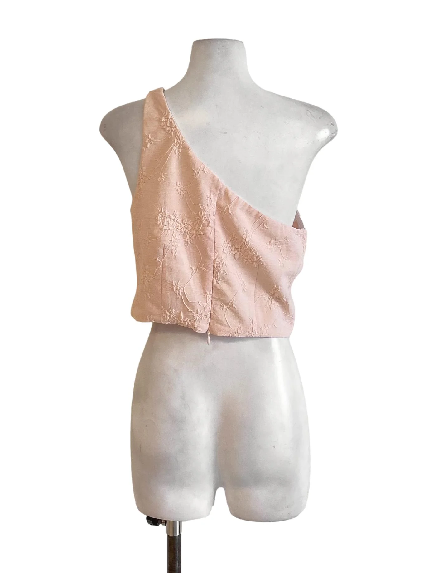 Light Salmon Pink Floral One Shoulder Cropped Top - Image 2