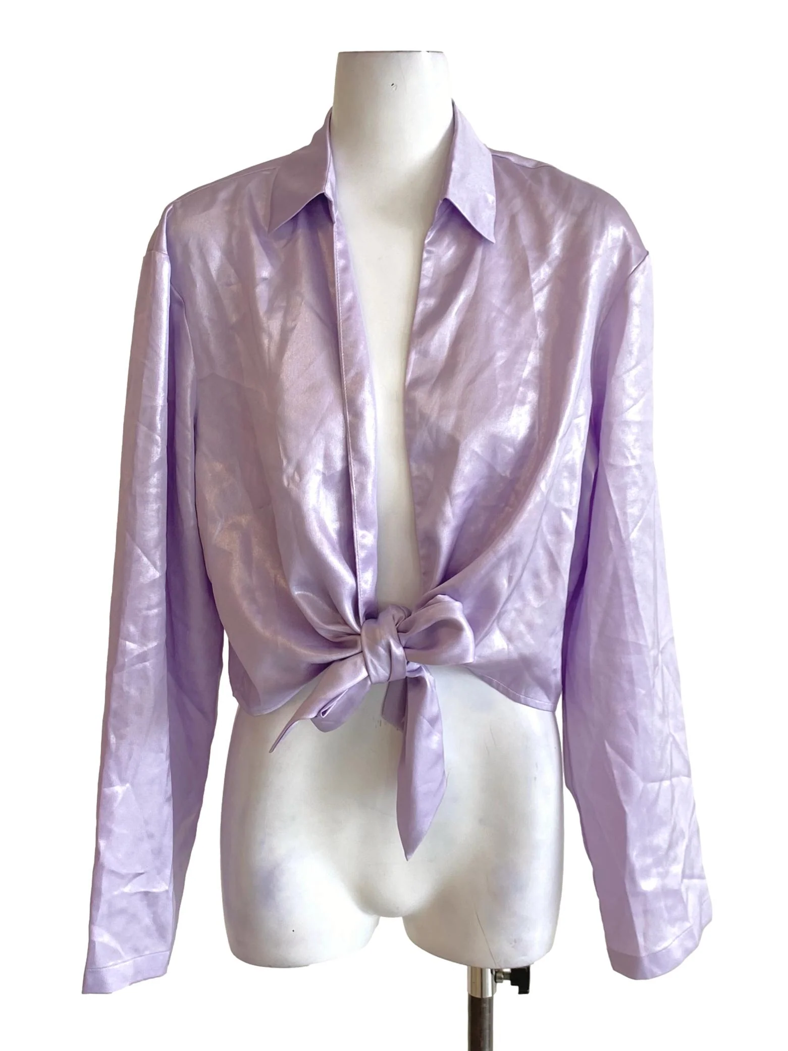 Lilac Purple Shimmery Buttonless Front Knot Shirt Outerwear