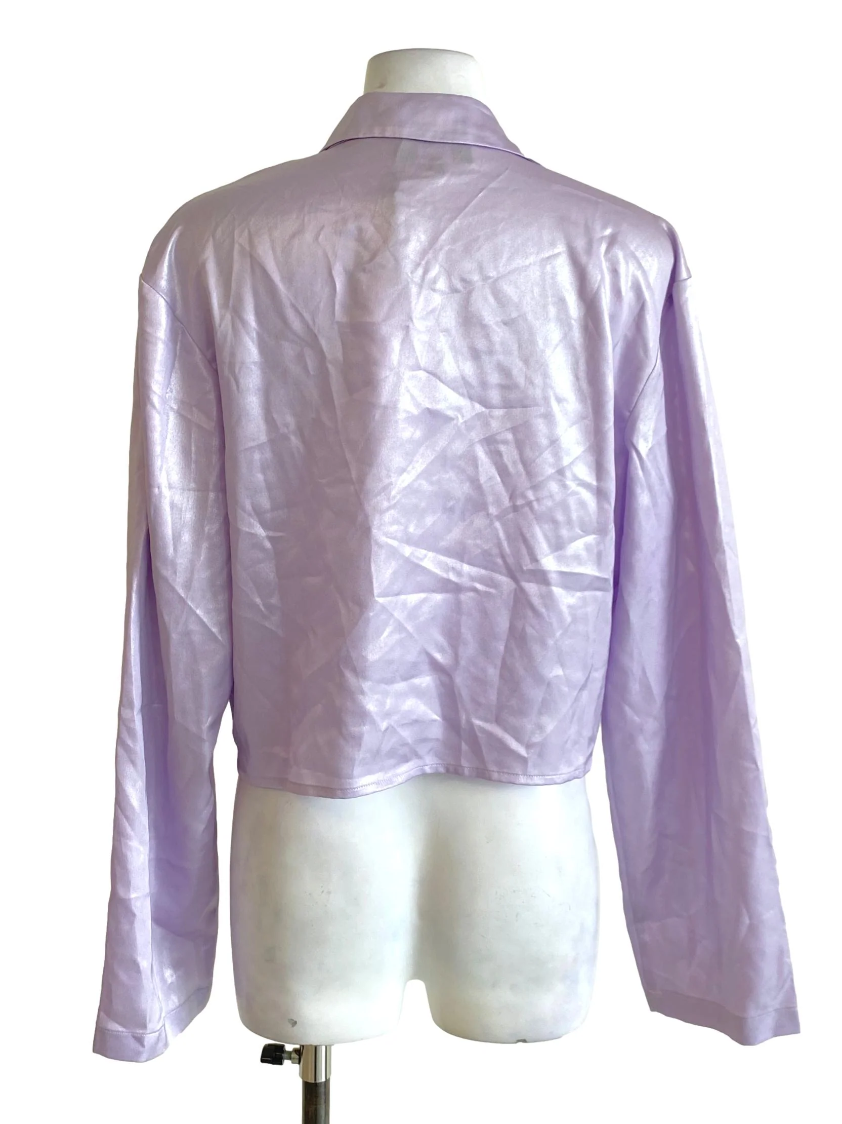 Lilac Purple Shimmery Buttonless Front Knot Shirt Outerwear - Image 2