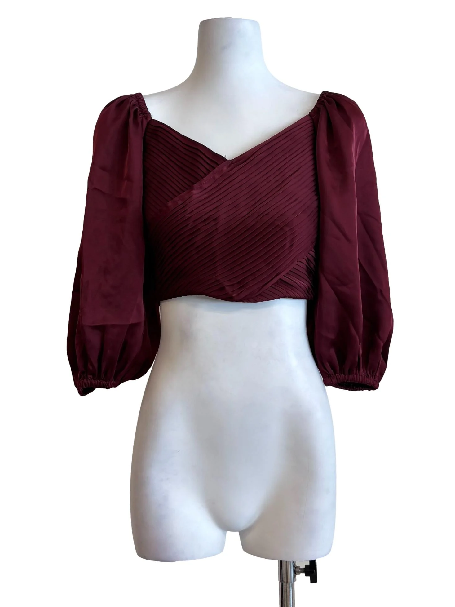 Mahogany Pleated Surplice Long Sleeve Crop Top