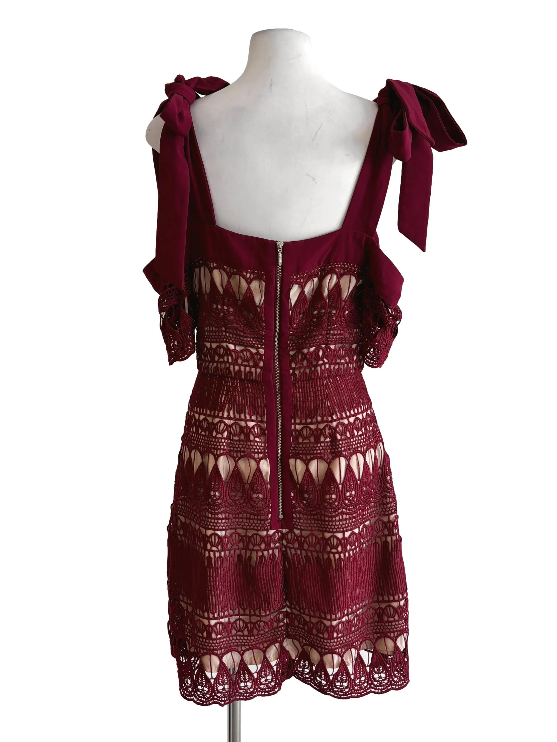Maroon Self-tie Shoulder Sleeve Lace Dress - Image 2