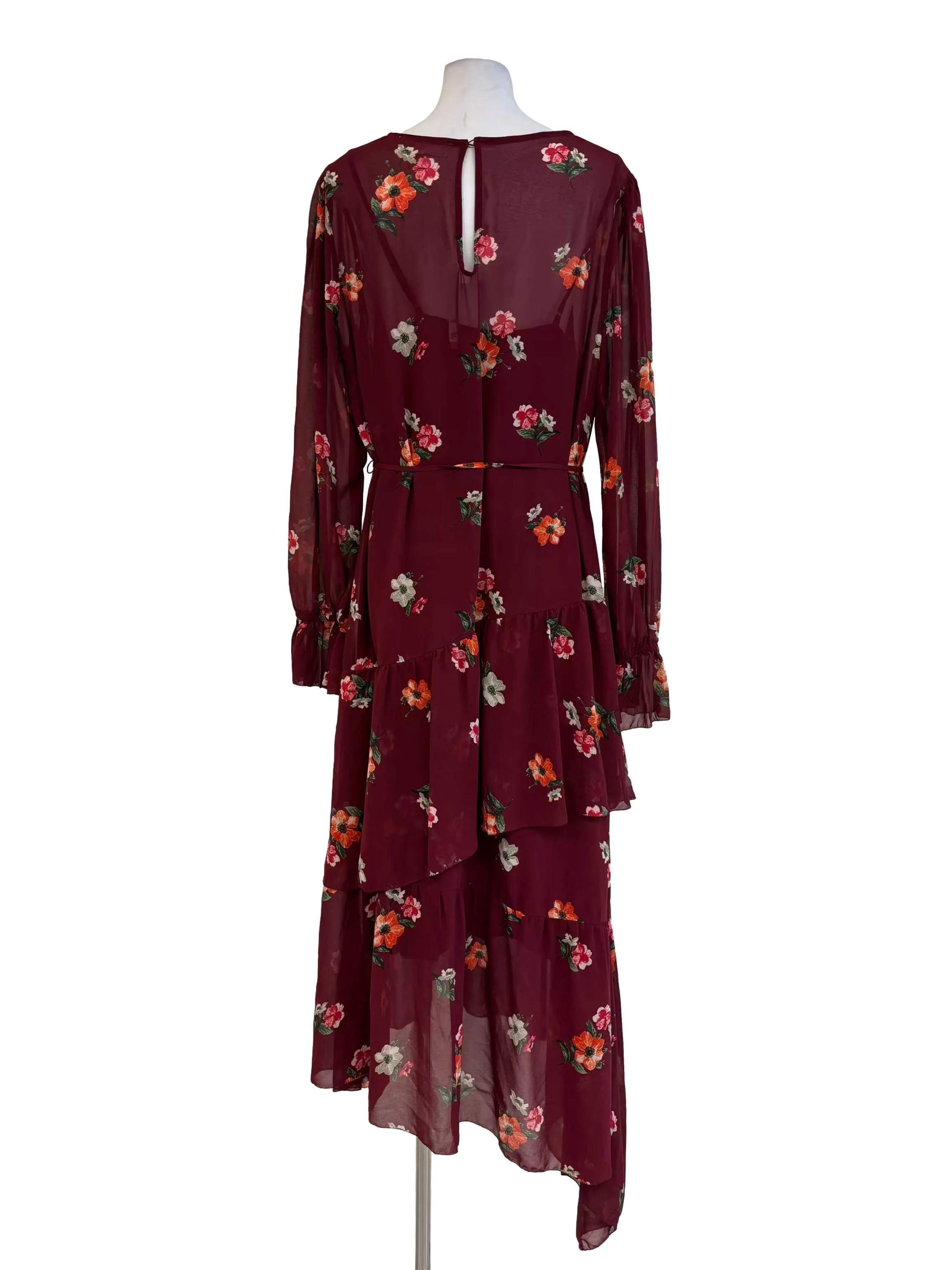 Maroon Red Long Sleeve Floral Chiffon Dress - Image 2