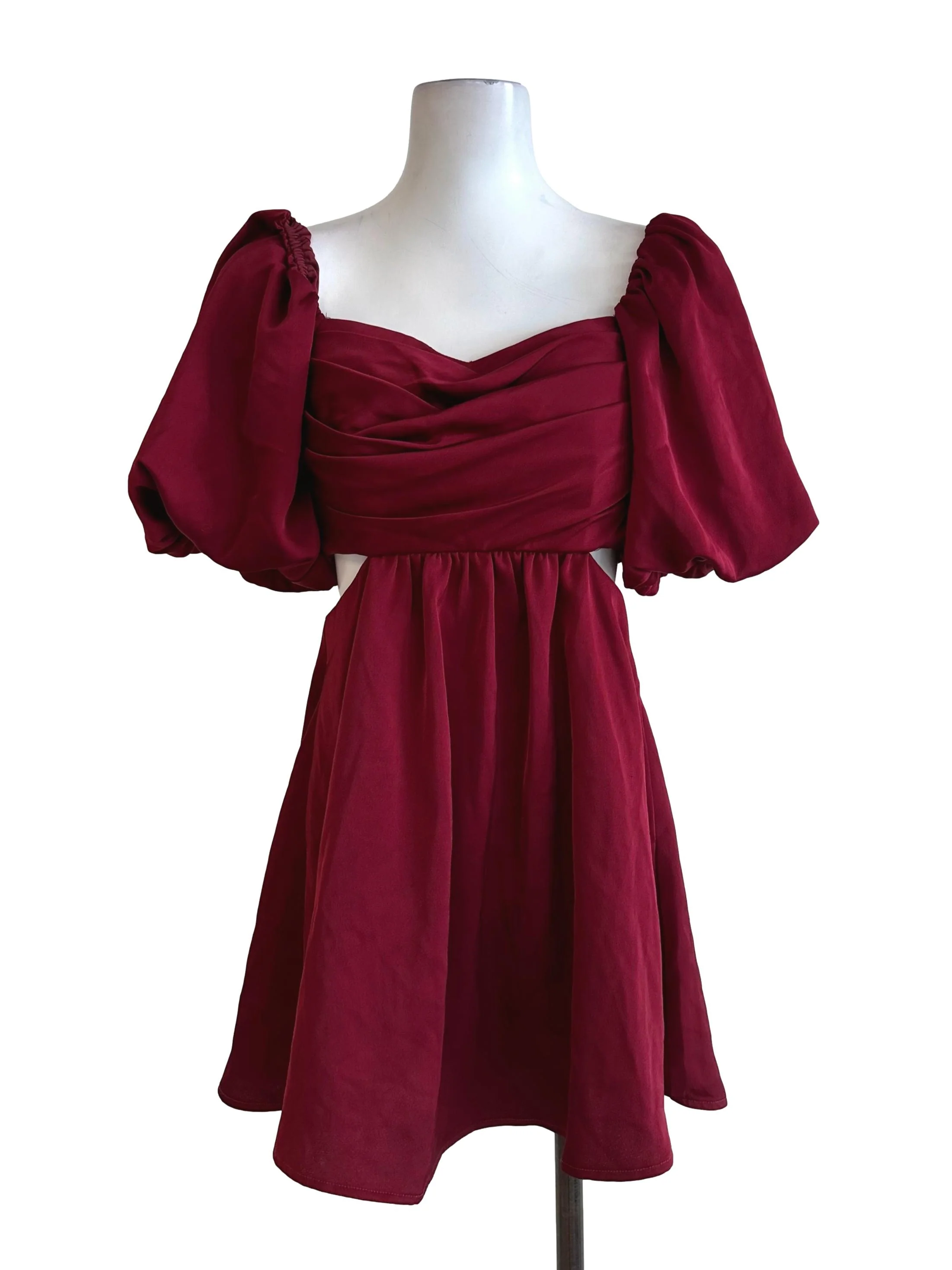 Maroon Red Ruched Puff Sleeve Dress