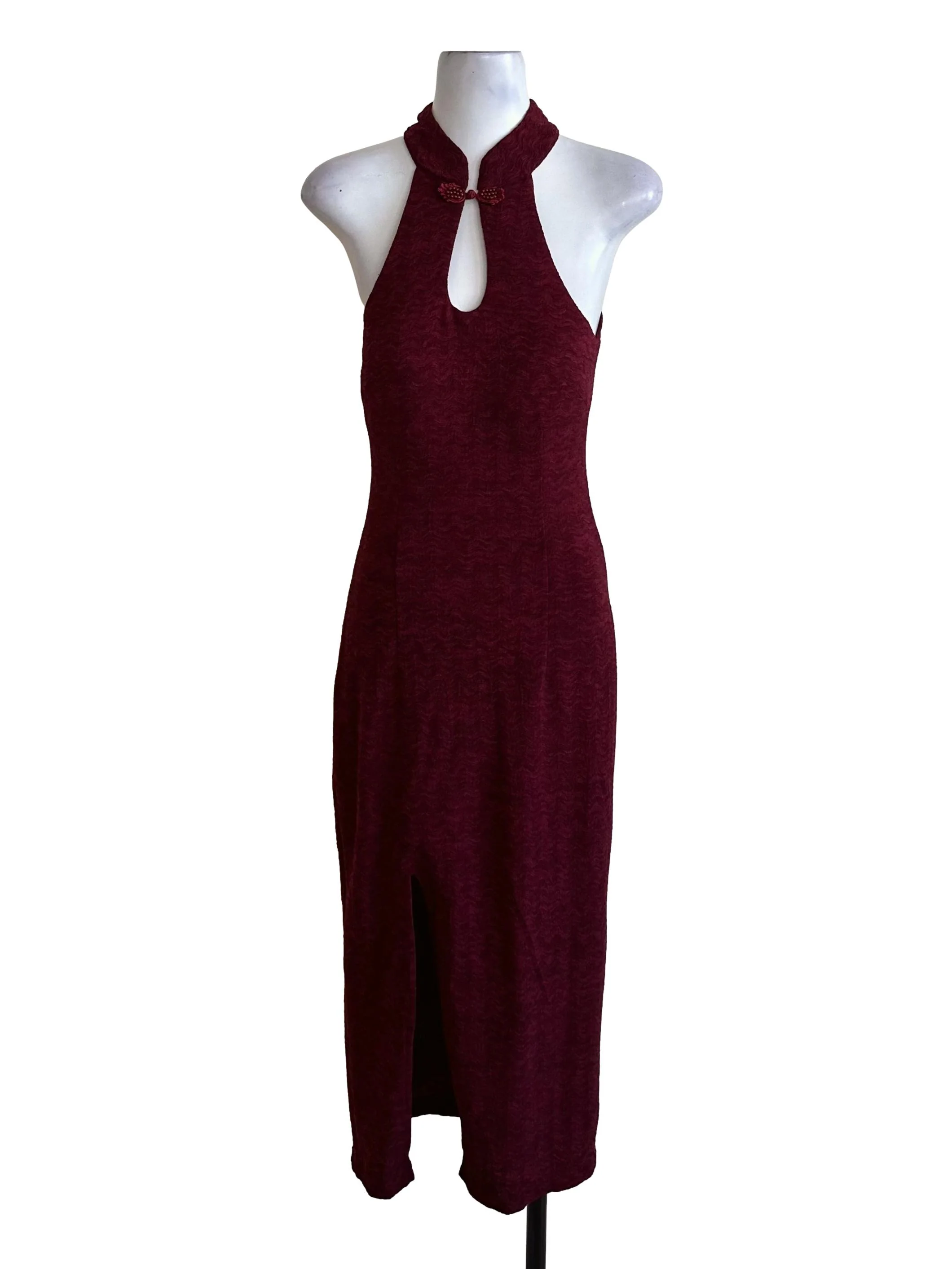 Maroon Red Textured Cheongsam Halter Dress