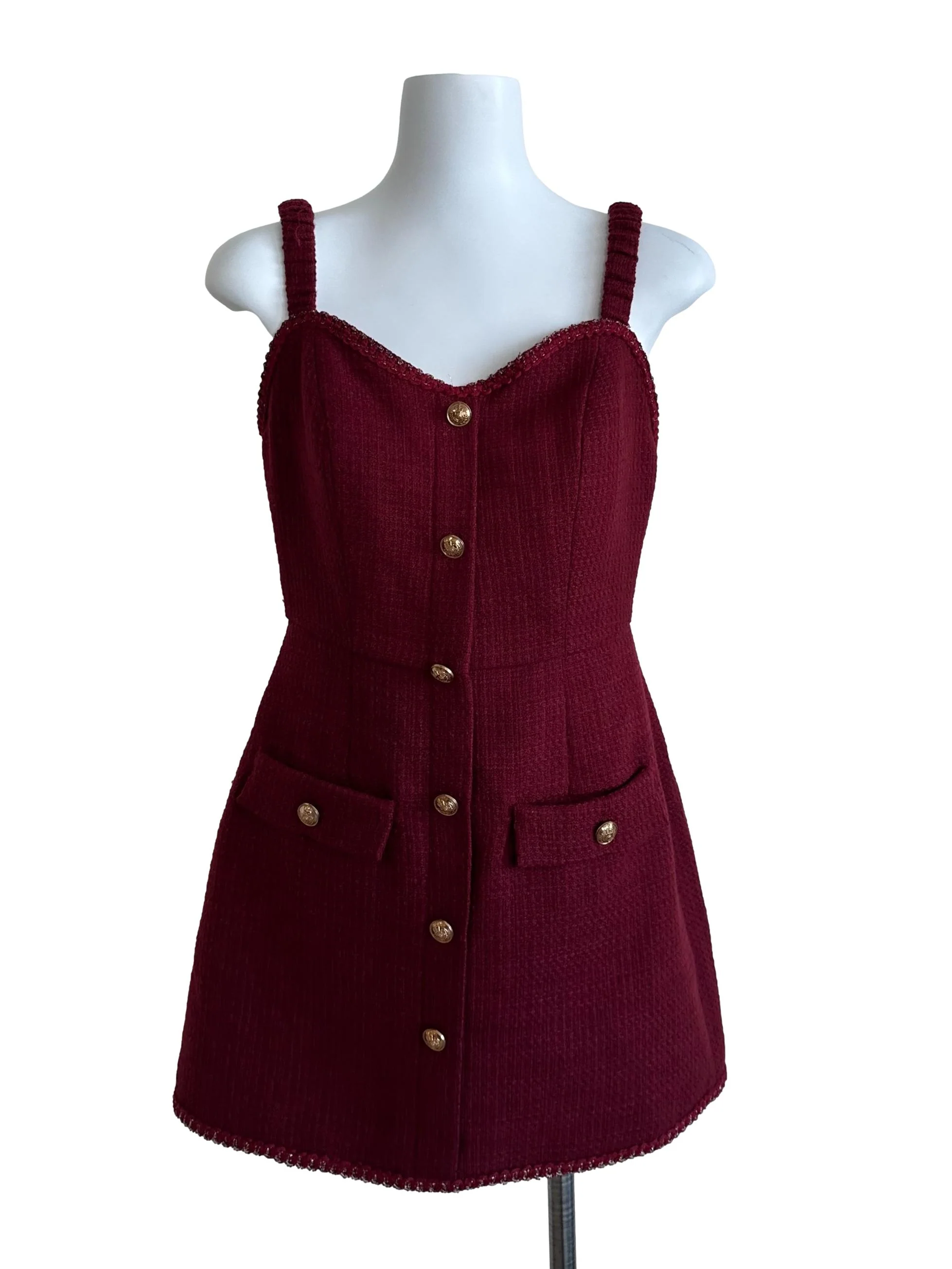 Maroon Red Tweed Textured Button Dress