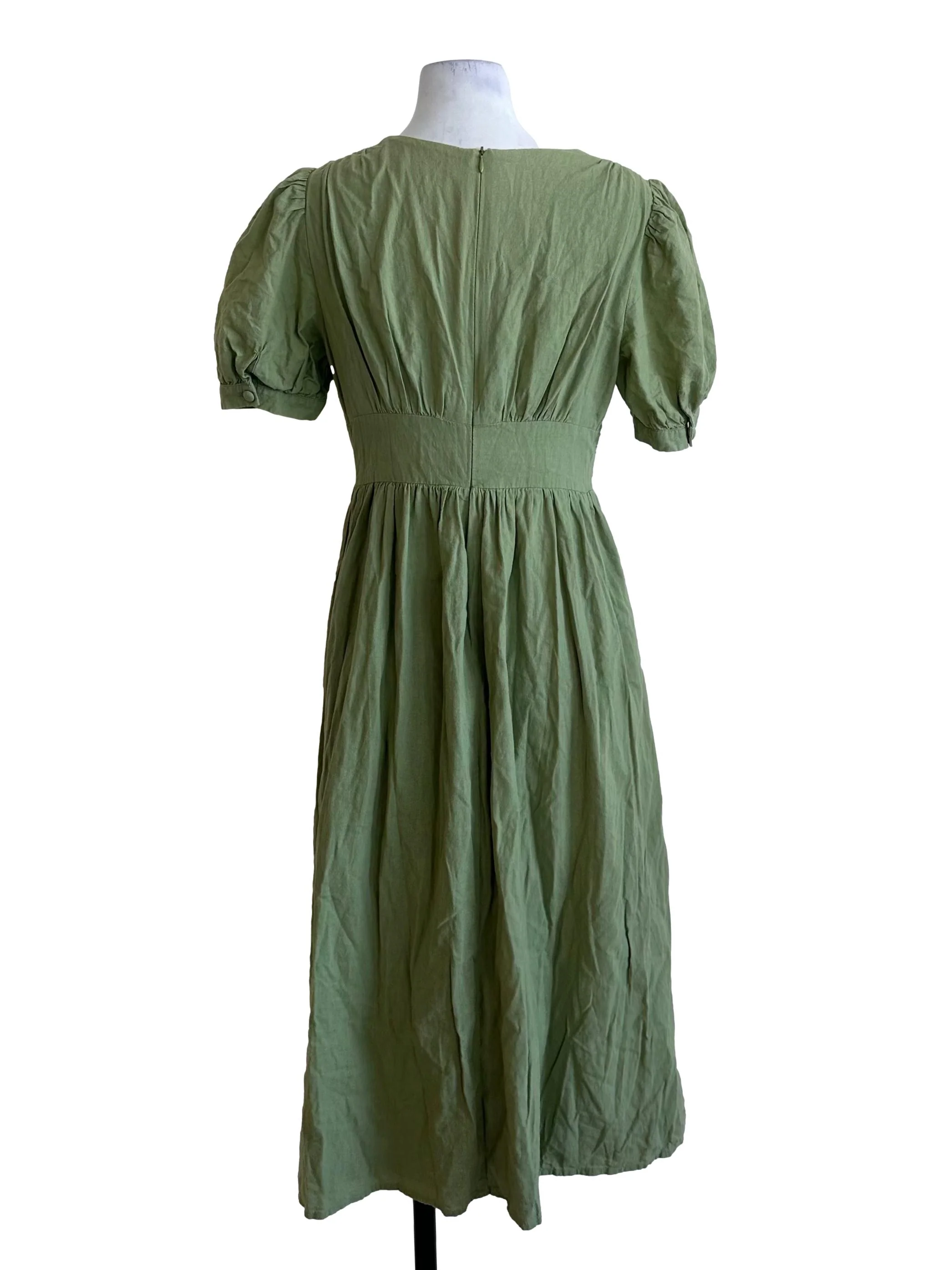 Matcha Green V Neck Button Puff Sleeve Dress - Image 2