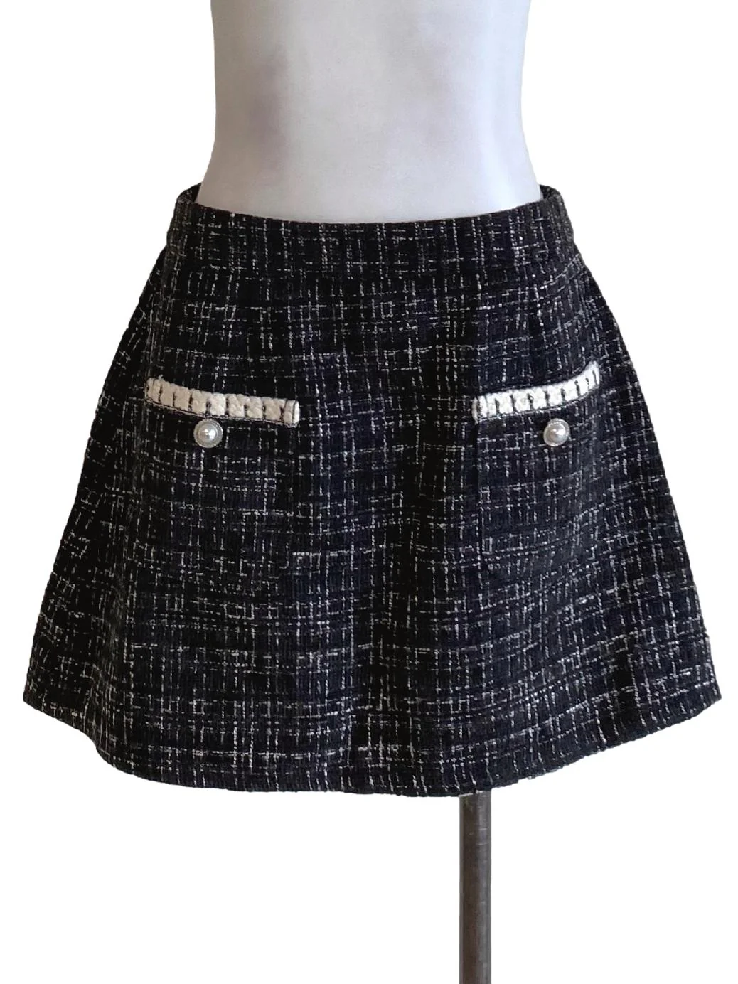 Matte Black Boucle Mini Tweed A-Line Skirt