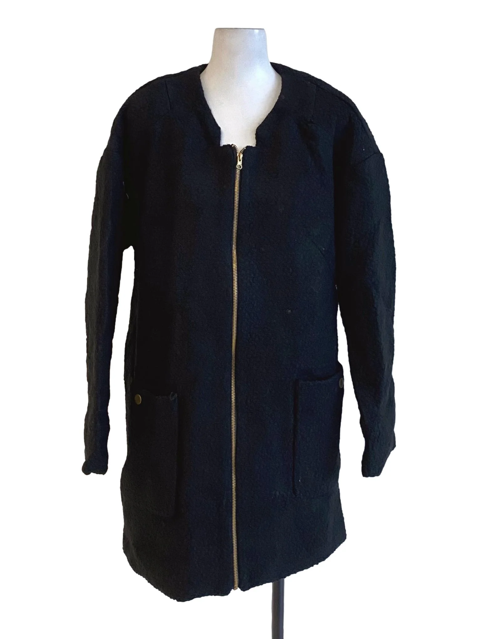 Matte Black Furry Short Sleeve Thick Zip Up Dress