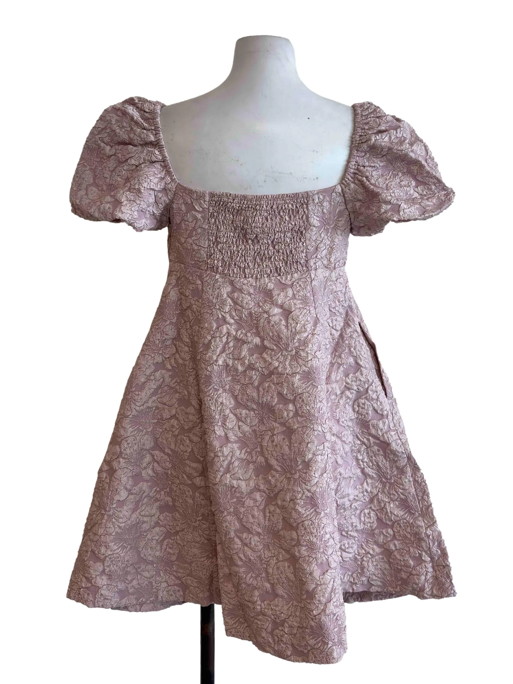 Mauve Pink Puff Sleeve Textured Mini Dress - Image 2