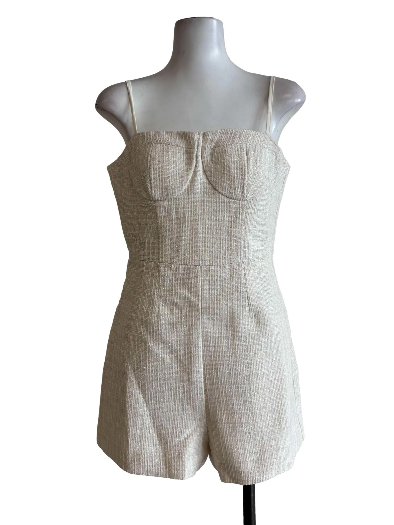 Merino Beige Tweed Spaghetti Strap Rompers