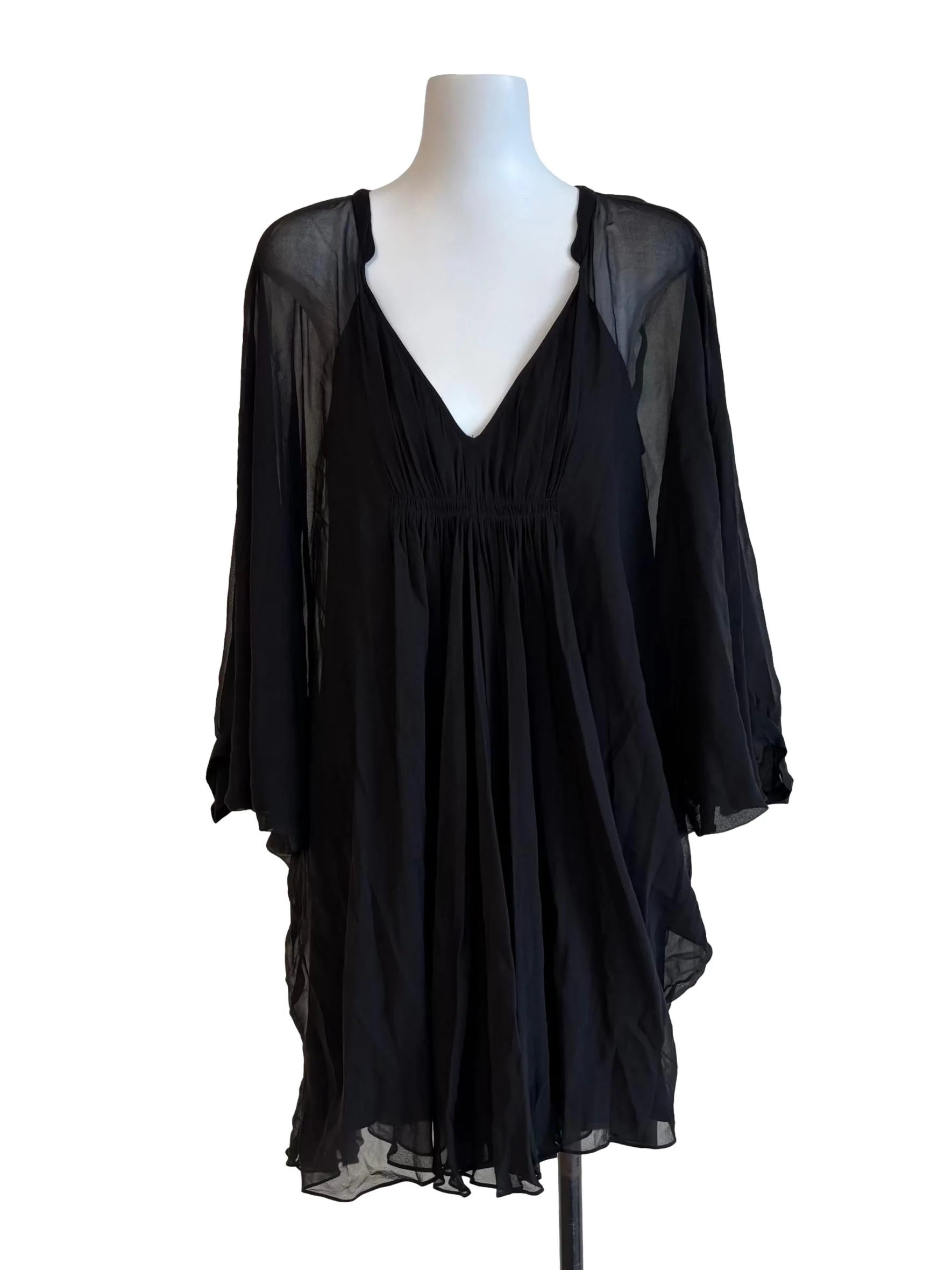 Midnight Black Sheer V Neck Flowy Dress