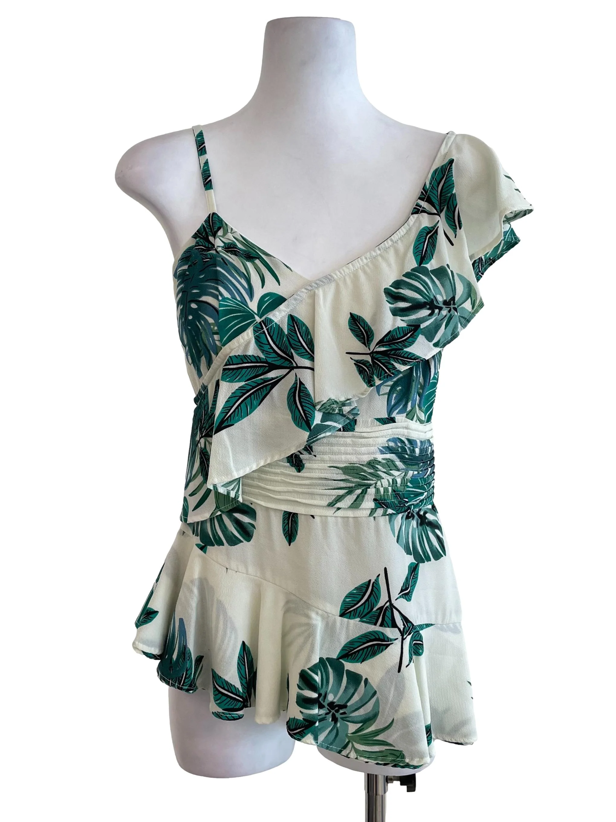 Green Tropical Print Ruffle Top