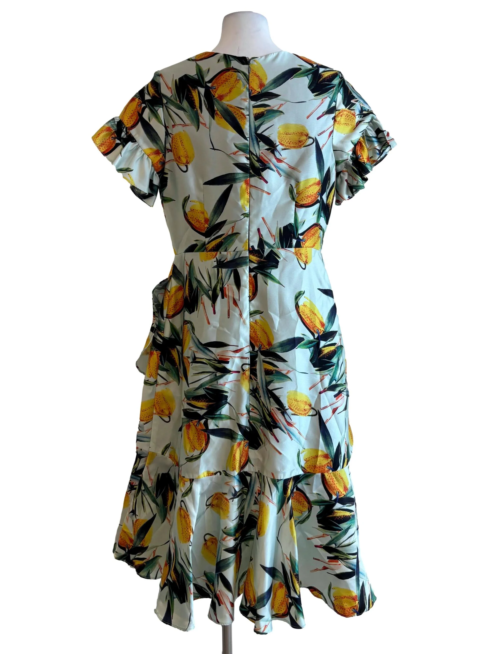 Mint Green Tropical Satin Ruffle Dress - Image 2