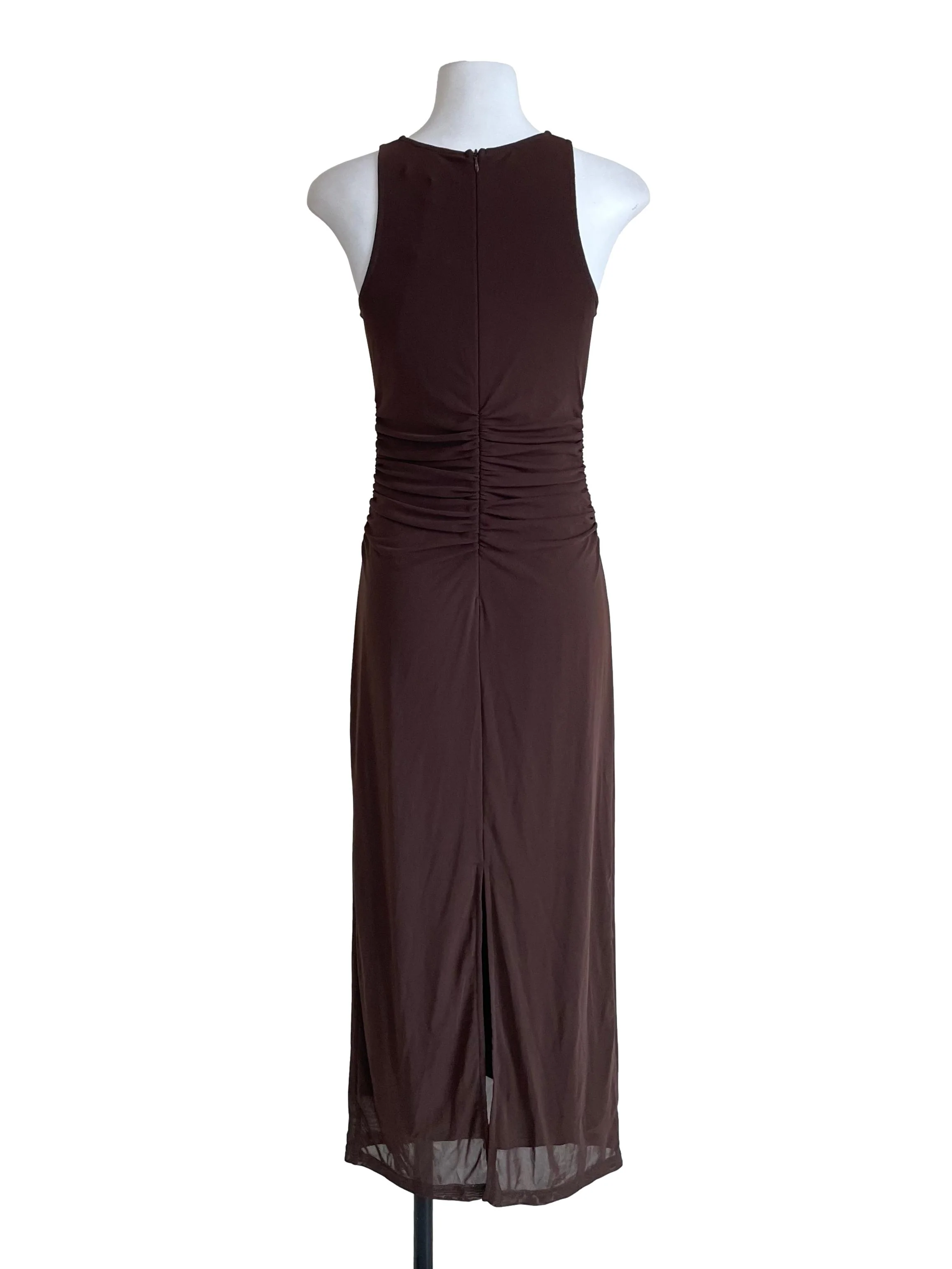 Mocha Brown Draped Mesh Bodycon Dress - Image 2