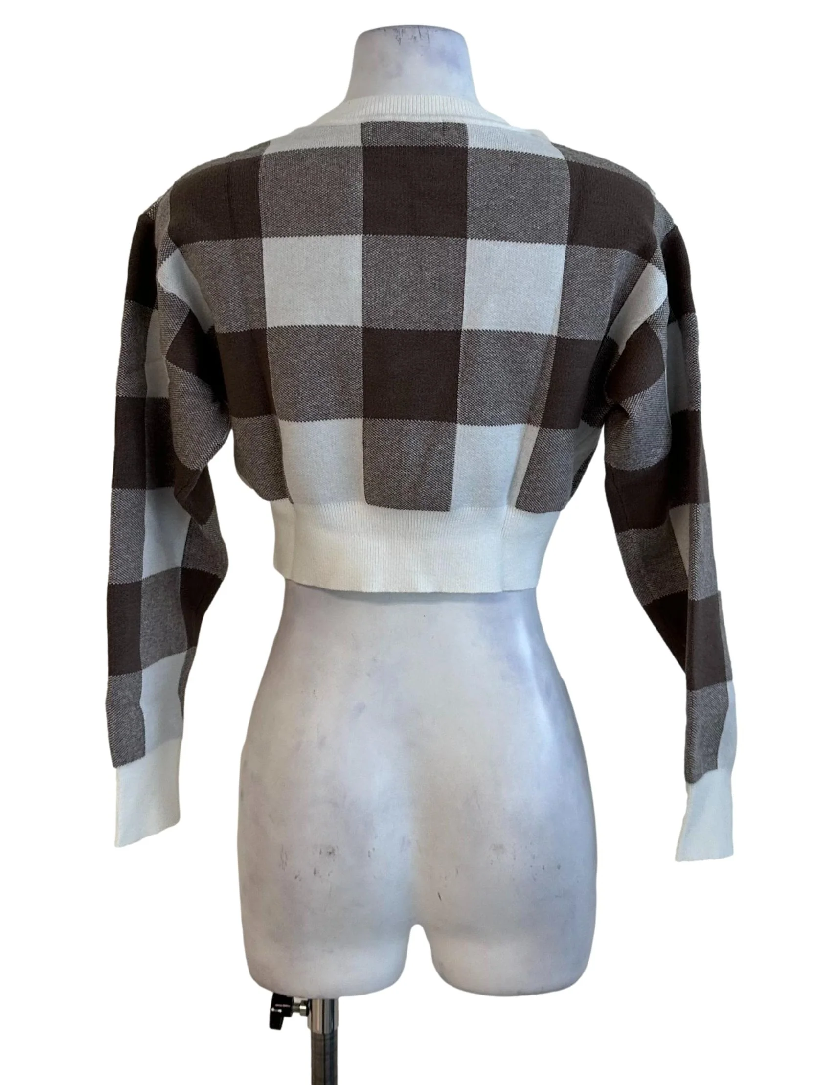 Mocha Brown Plaid Pattern Knit Crop Top - Image 2