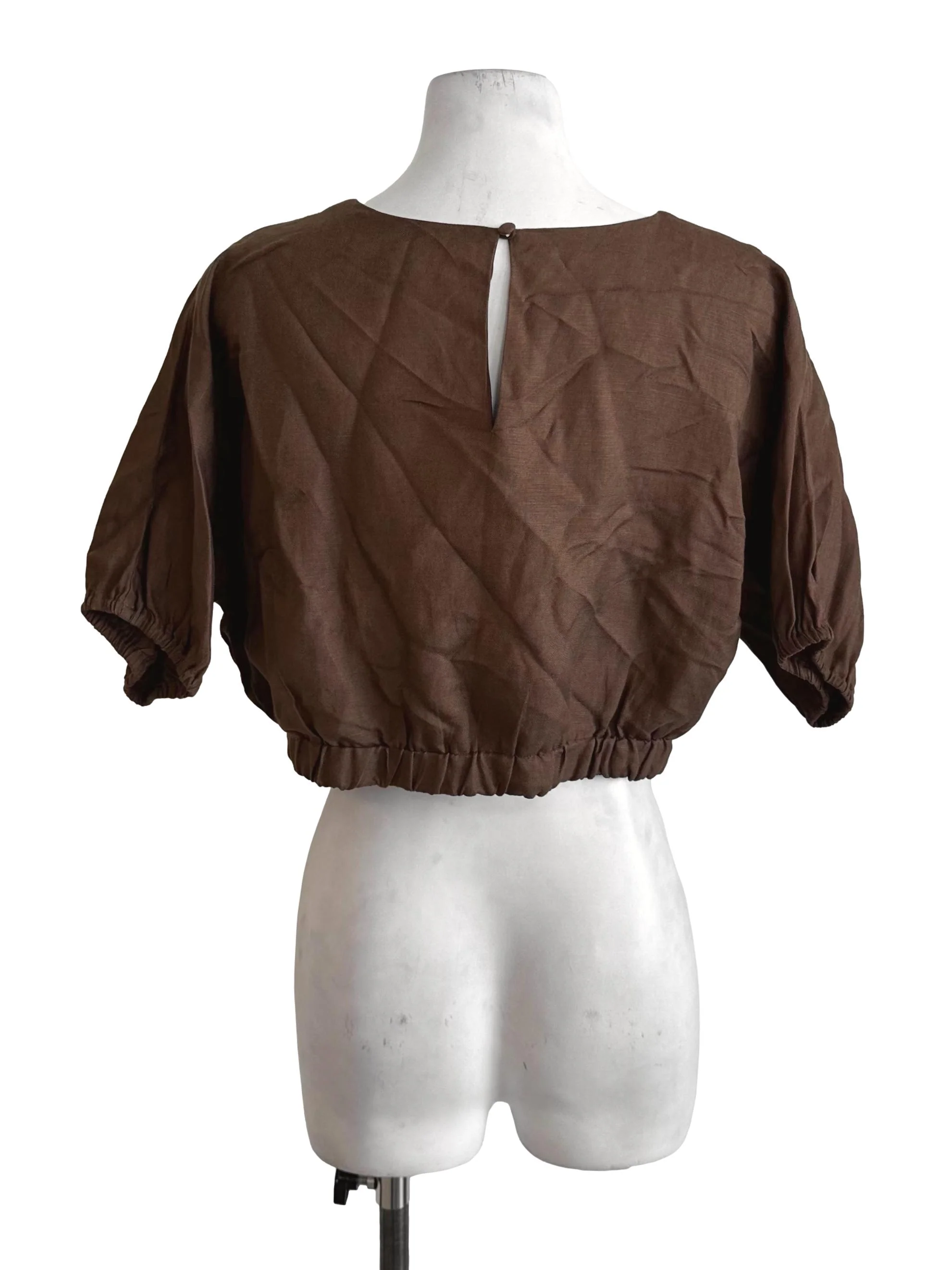 Mocha Brown Round Neck Elastic Hem Top - Image 2