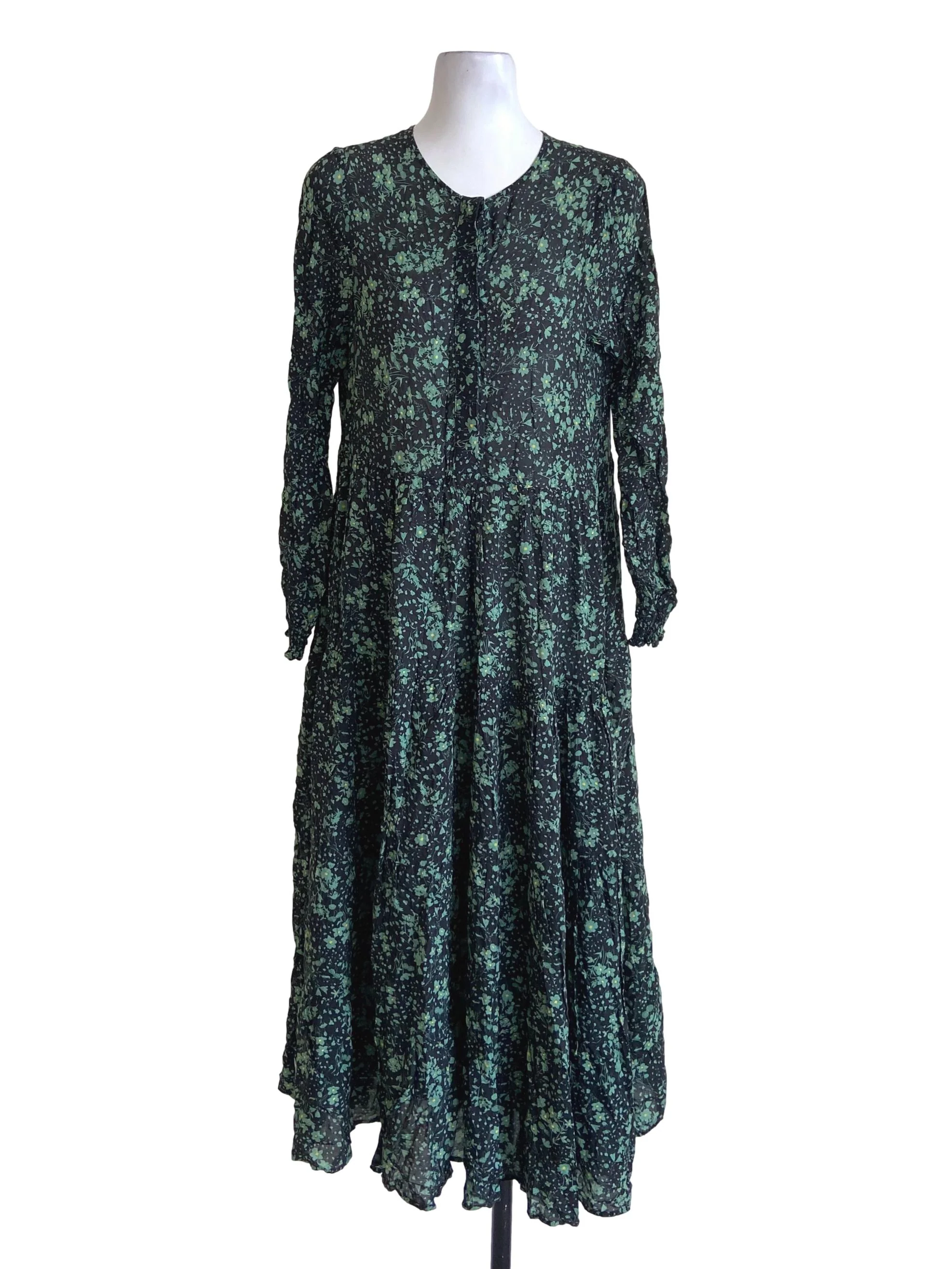 Moss Green & Floral Layered Empire Dress