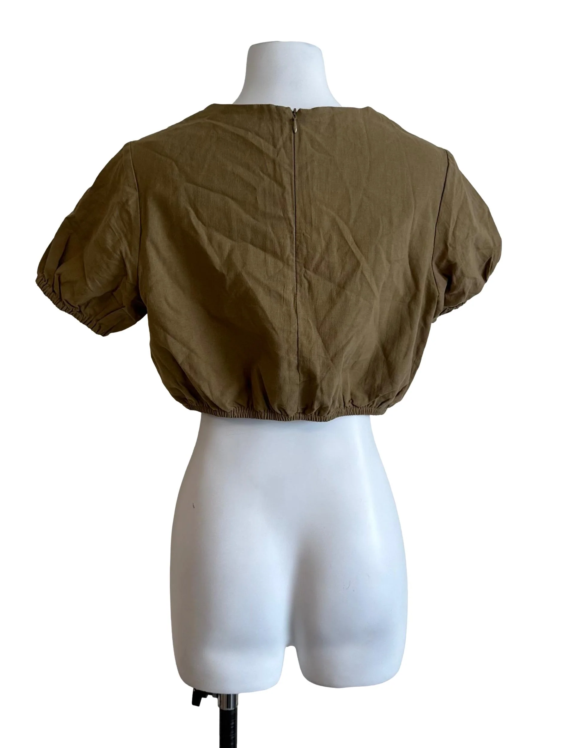 Moss Green Round Neck Puff Sleeve Top - Image 2