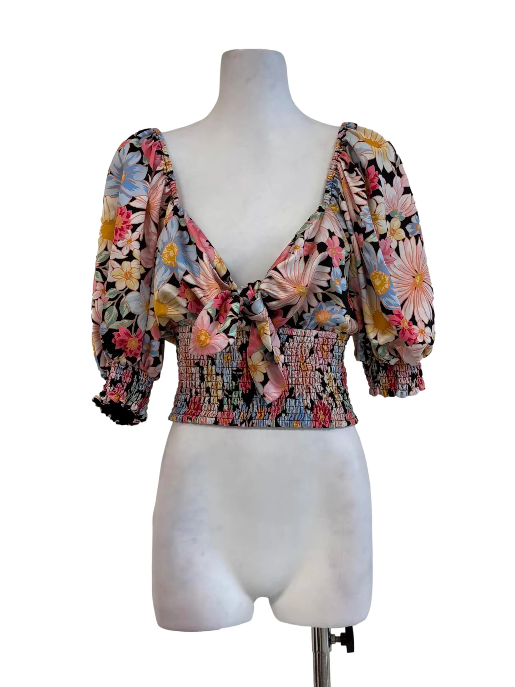 Multicolour Floral Front Tie Smocked Crop Top