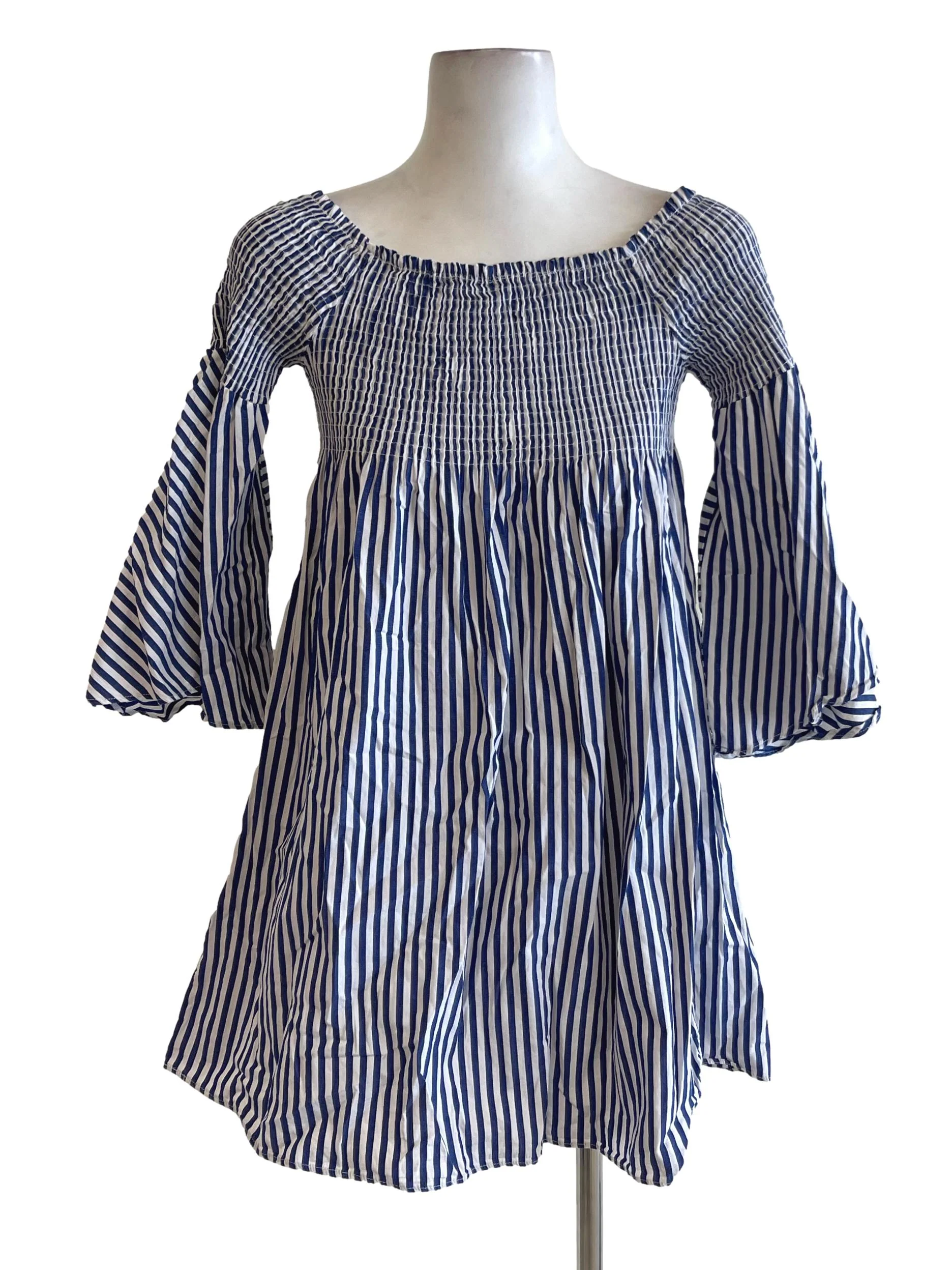Navy Blue Awning Stripe Peasant Dress TEM